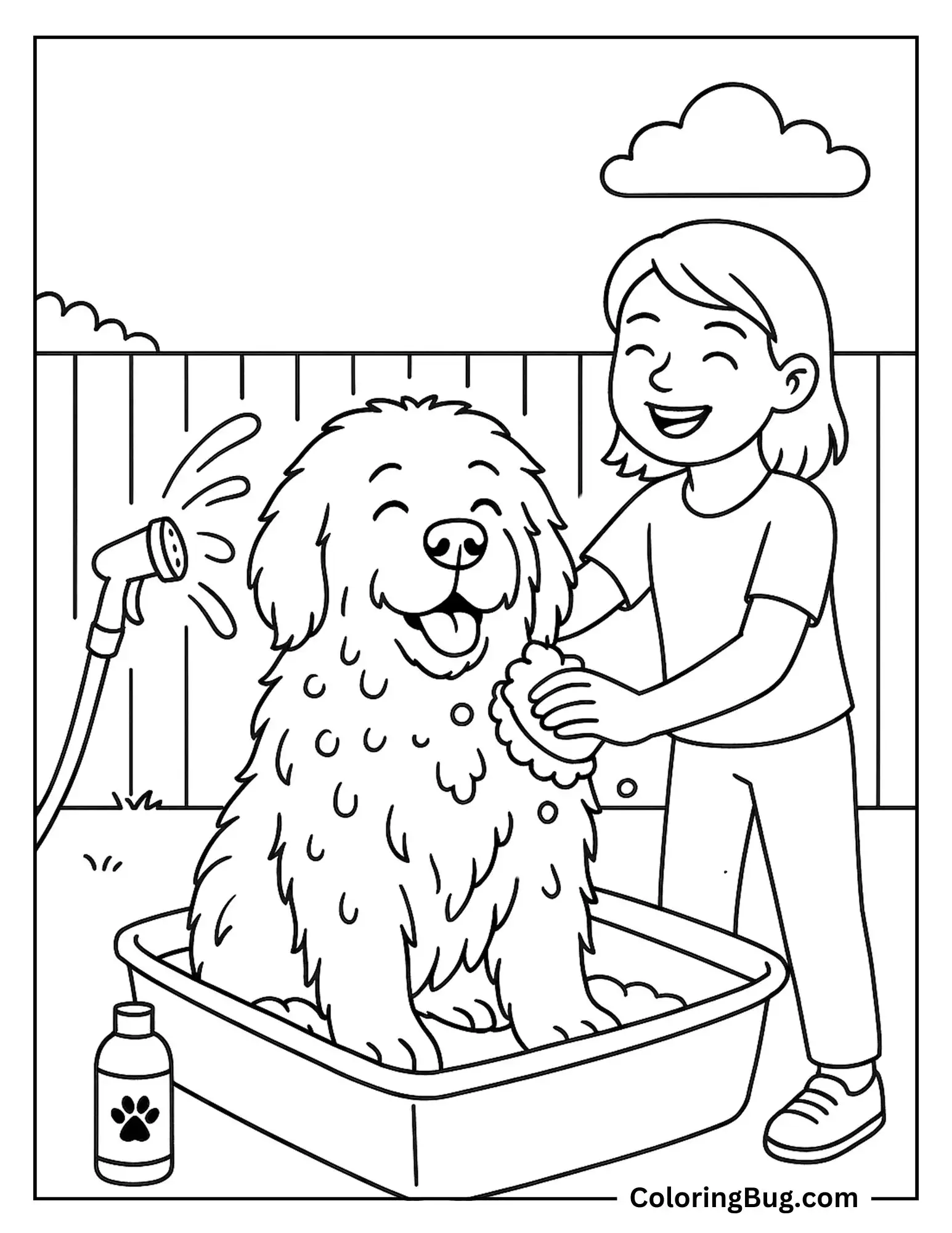 Newfoundland Getting a Bath in the Backyard Coloring sheet