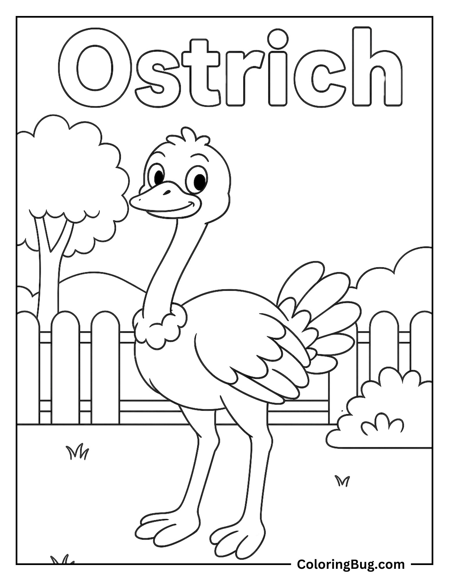 Ostrich Standing Near Fence Coloring sheet