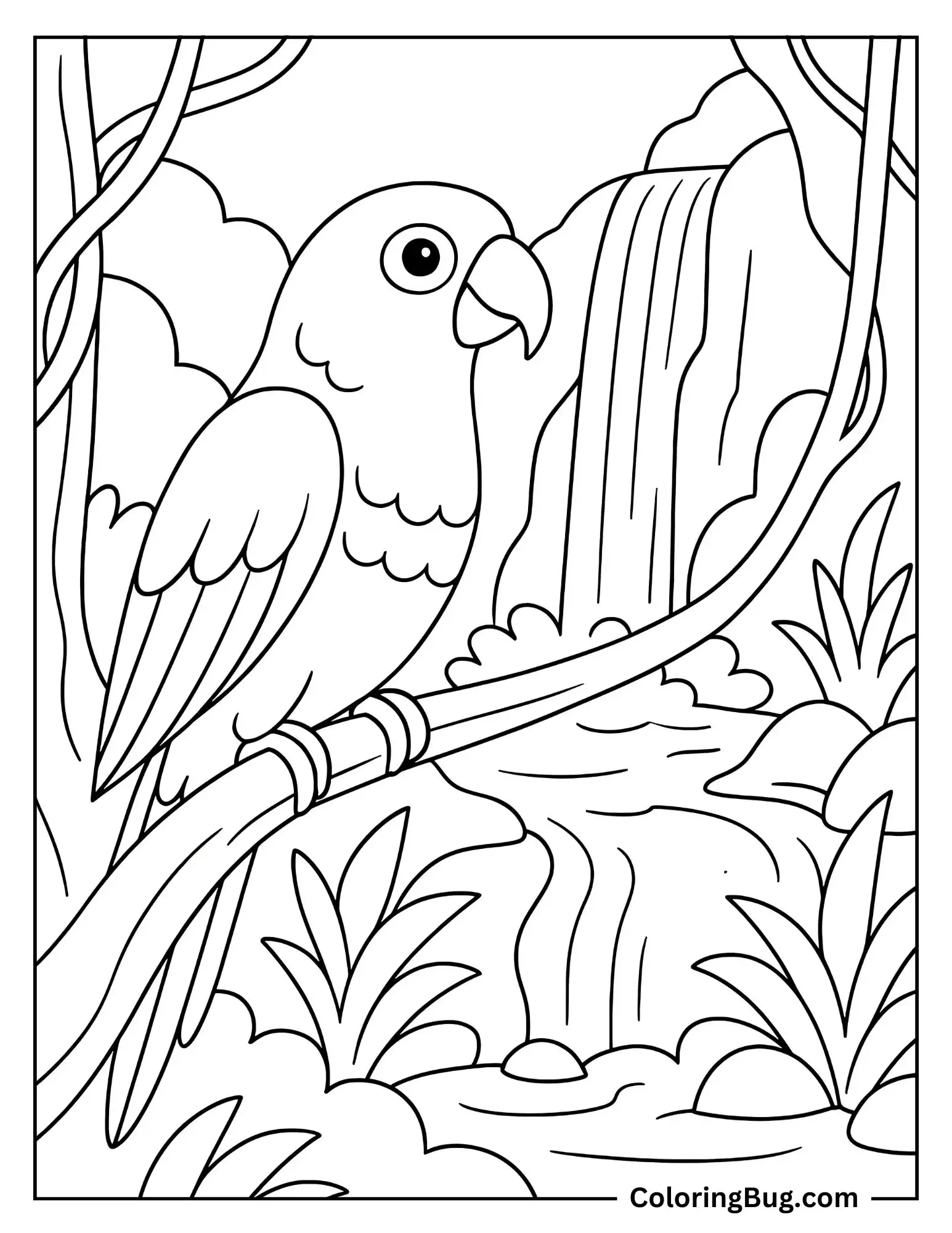 Parakeet Sitting Near a Waterfall Coloring sheet