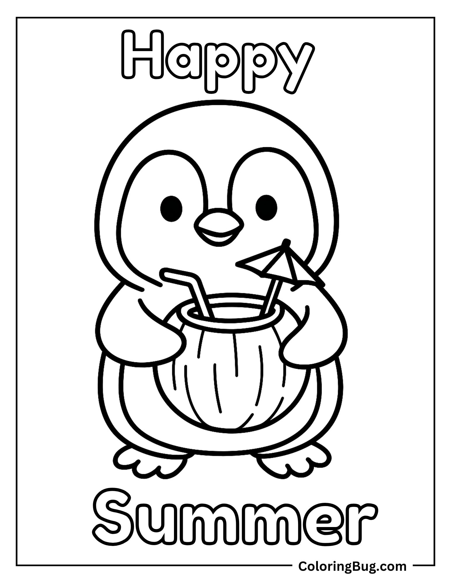 Penguin Holding Coconut Drink Coloring Sheet