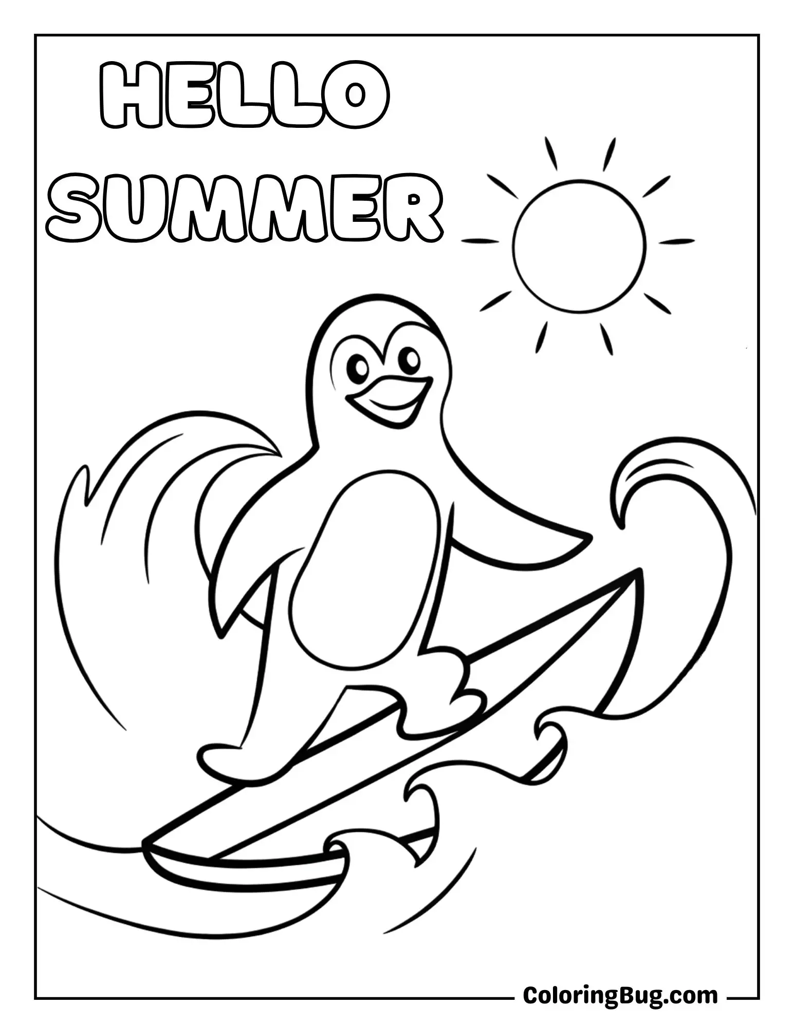 Penguin Surfing on Surfer Board Coloring Sheet