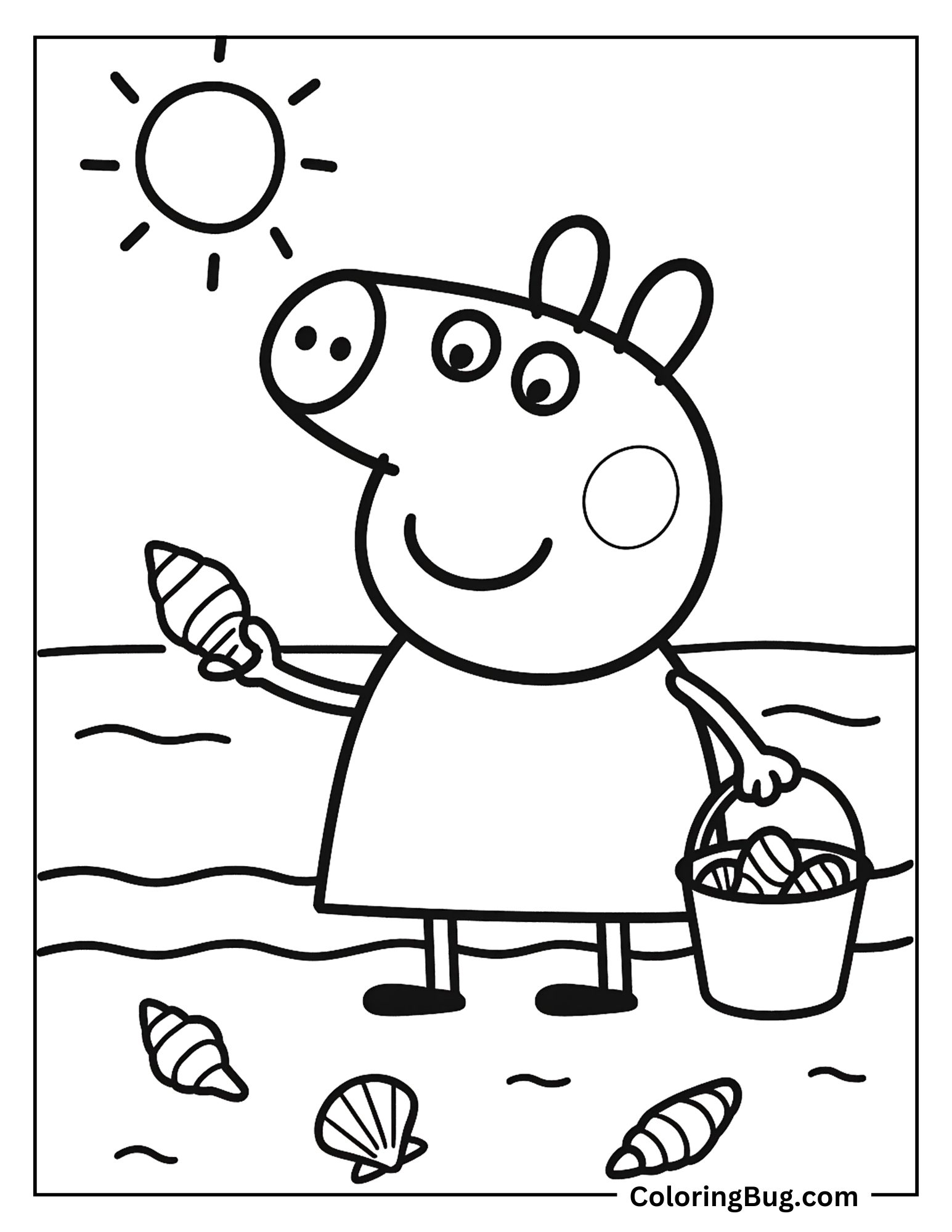 Peppa Pig Collecting Seashells Coloring Sheet