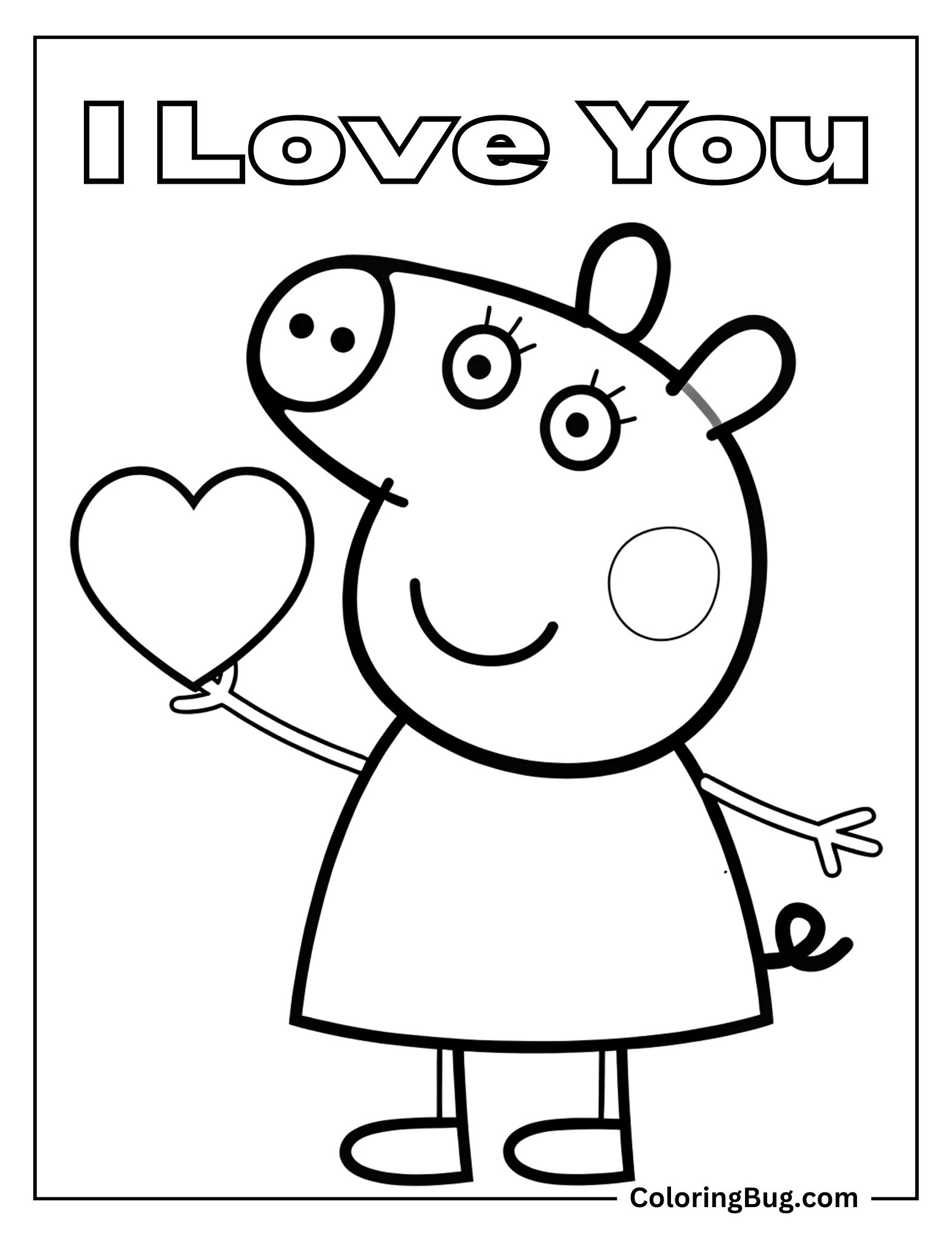 Peppa Pig Holding Heart With Text I Love You Coloring sheet