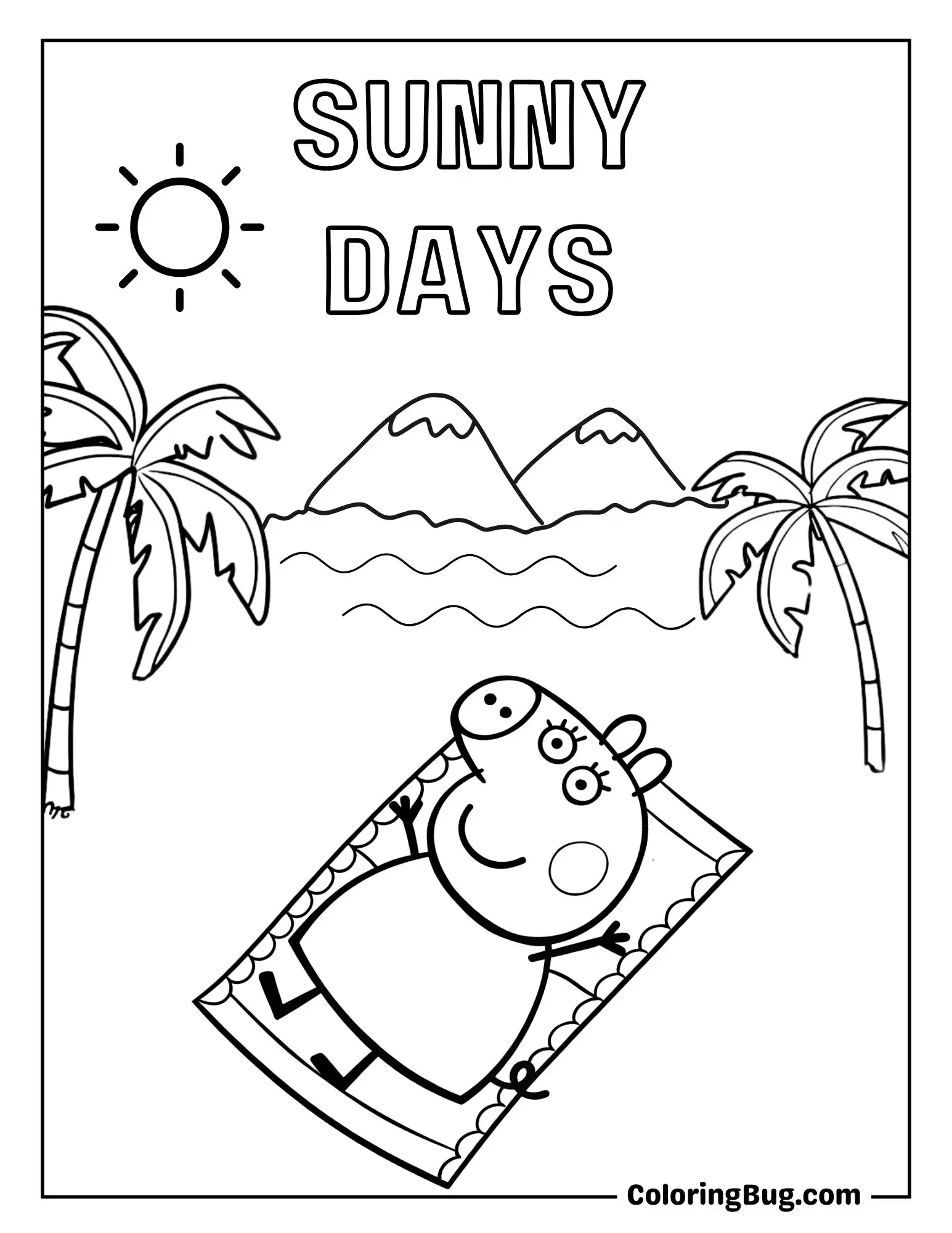 Peppa Pig Lying on a Beach Towel on Seaside Coloring Sheet