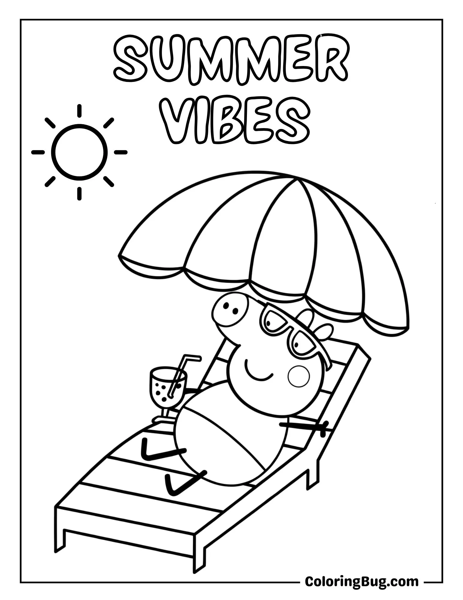 Peppa Pig Relaxing Under an Umbrella with a Cold Drink Coloring Sheet