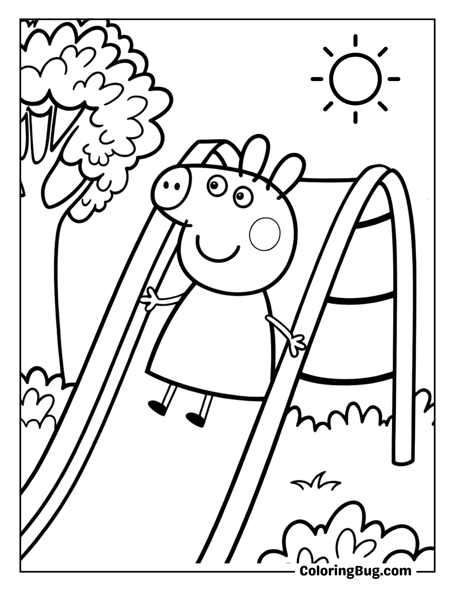 Peppa Pig Sliding Down a Slide During Summer Day Coloring Sheet