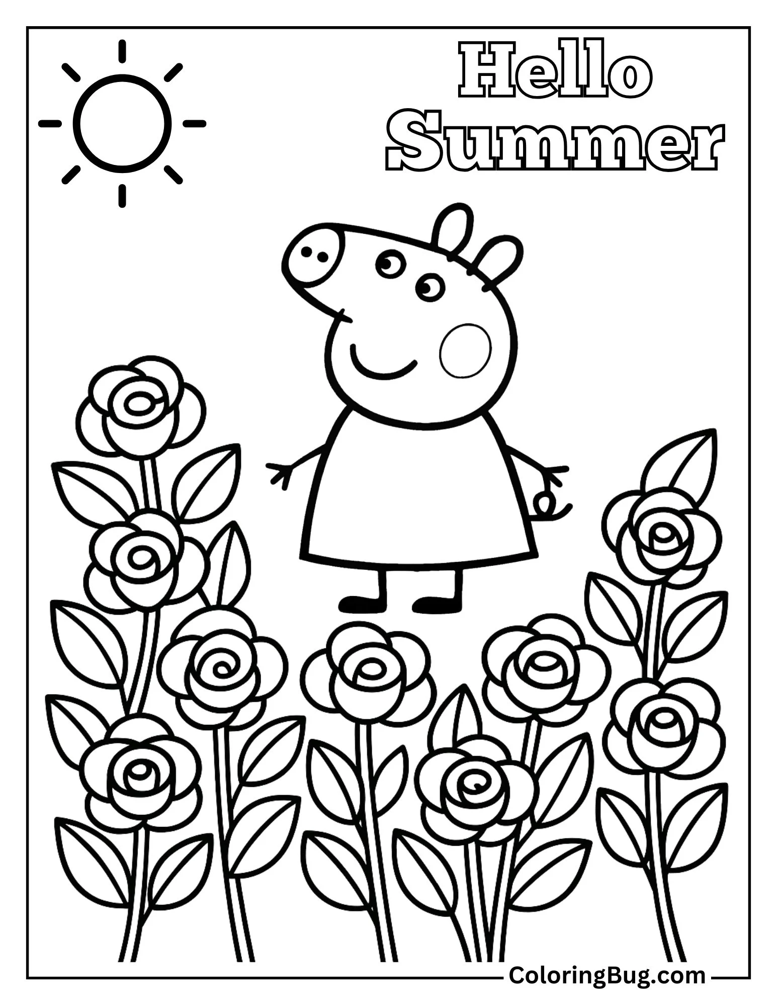 Peppa Pig Standing in a Field Full of Roses Coloring Sheet