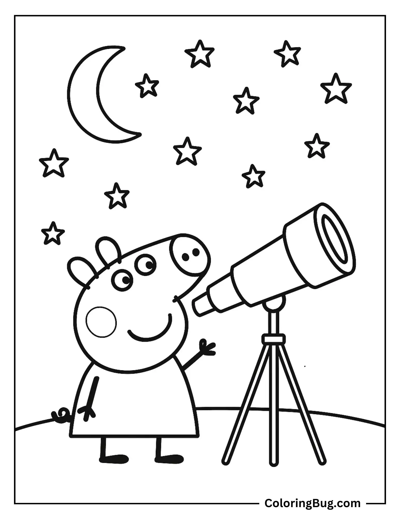 Peppa Pig Watching Stars Through a Telescope at Night Coloring sheet
