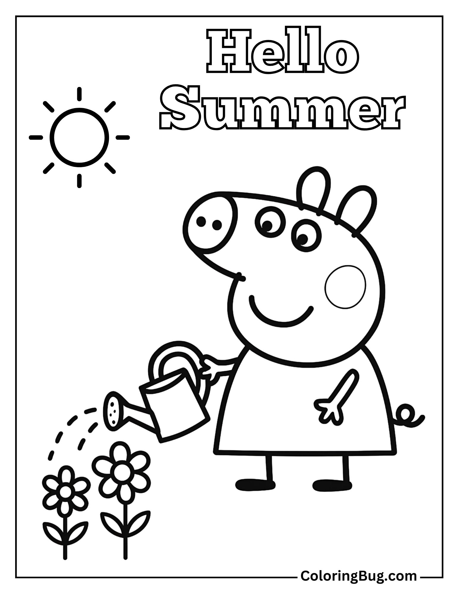 Peppa Pig Watering Flowers Coloring sheet
