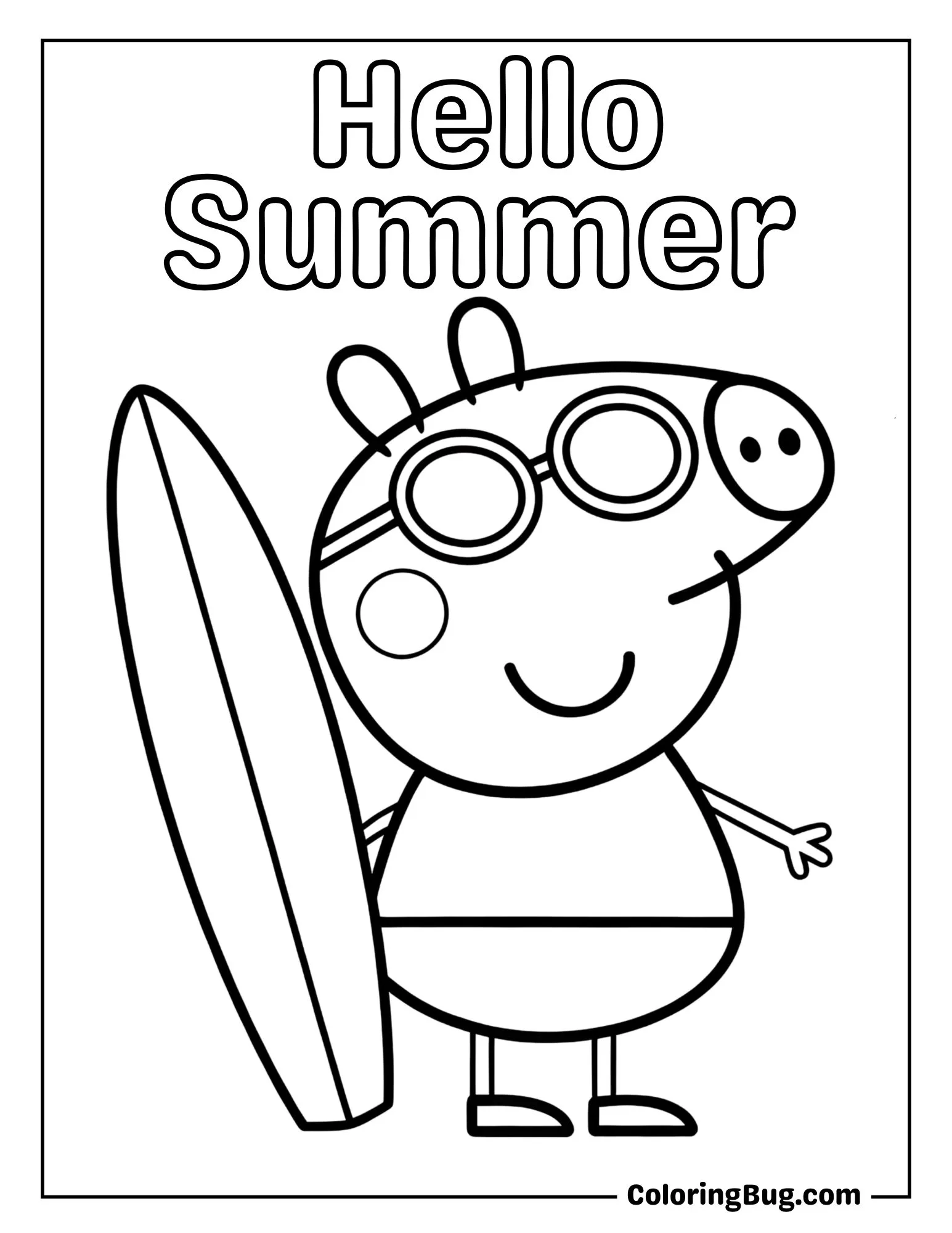 Peppa Pig Wearing Sunglasses with Surfboard Coloring Sheet