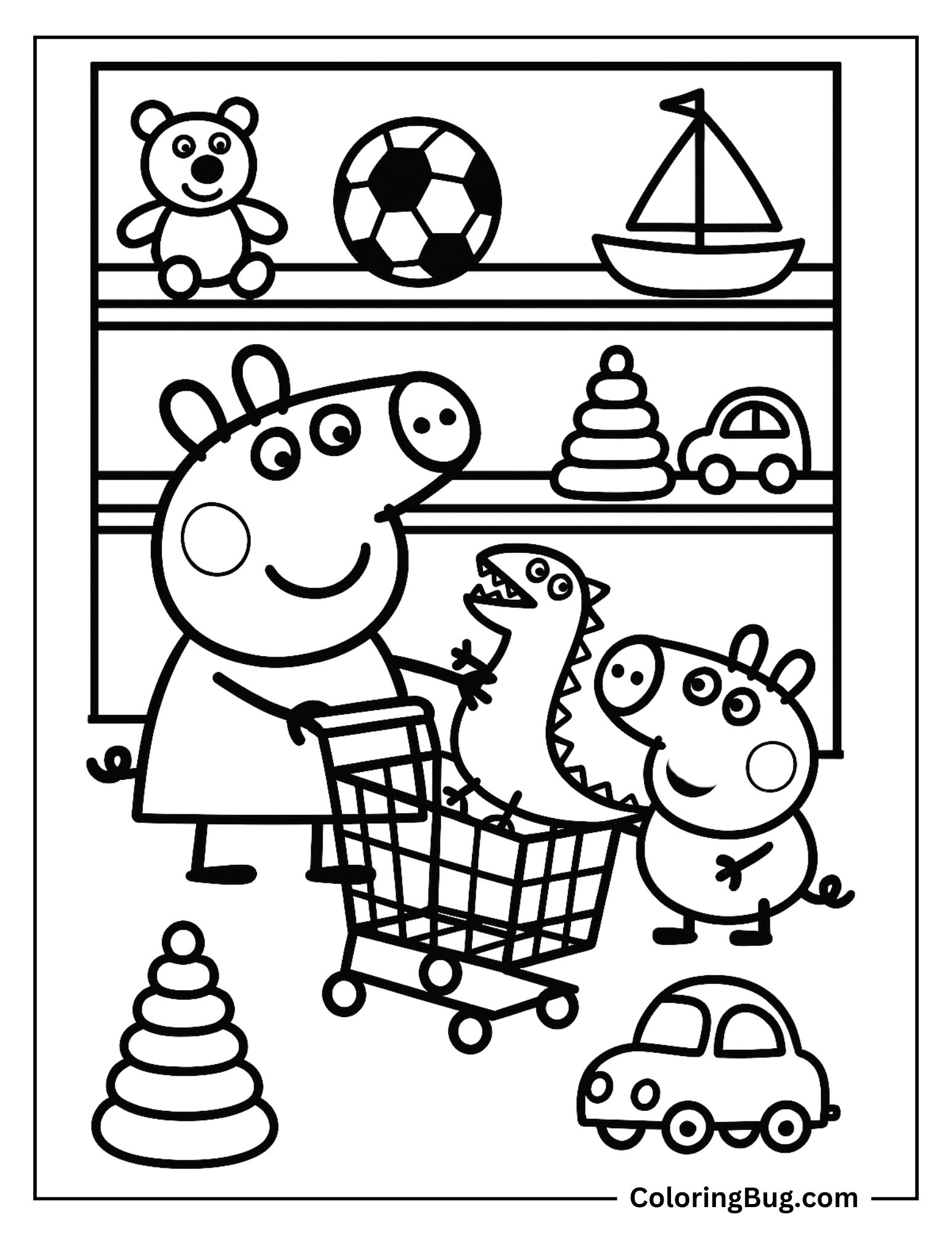 Peppa Pig With George Shopping At Toy Store Coloring sheet