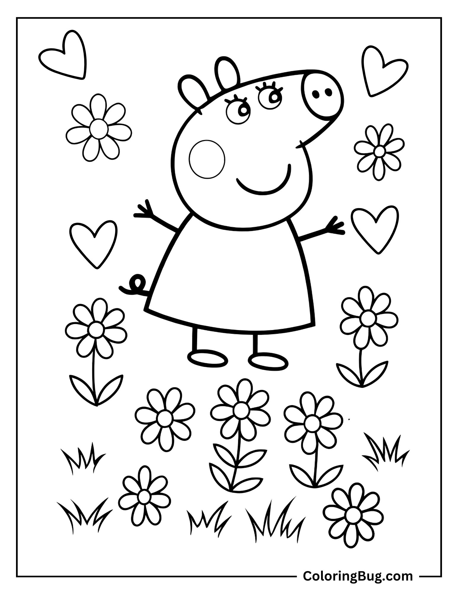 Peppa Pig With Hearts And Flowers Coloring sheet
