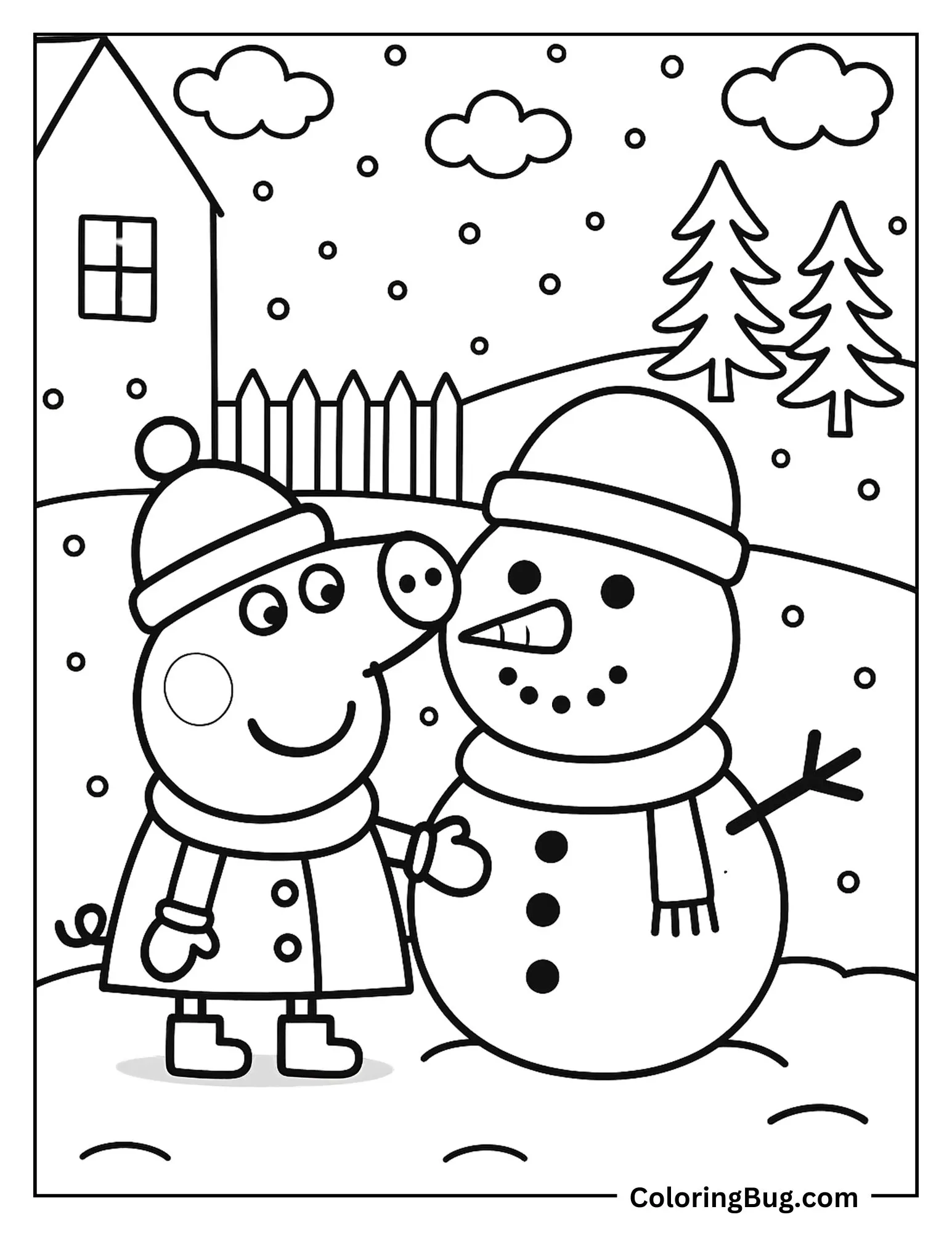 Peppa Pig With Snowman in Her Backyard Coloring sheet
