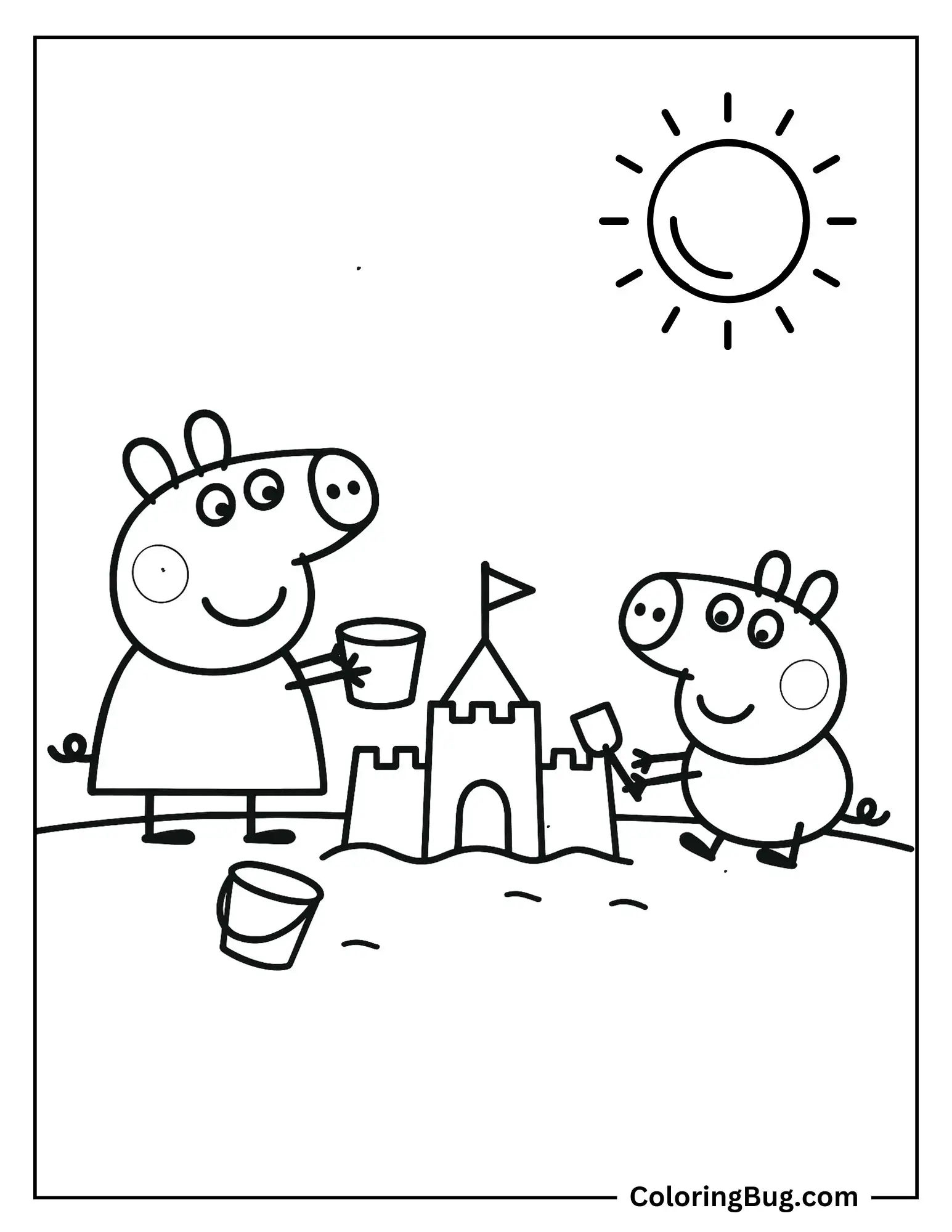Peppa Pig and George Building Sand Castle Coloring Sheet