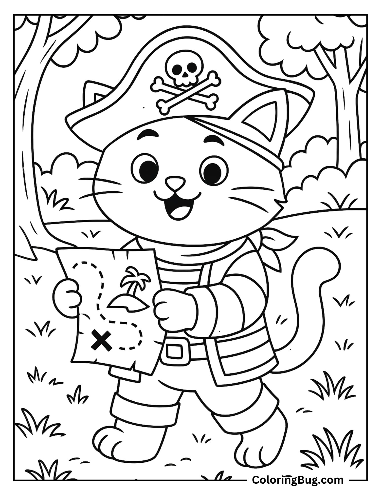 Pirate Cat Holding a Treasure Chest Map Coloring Sheet