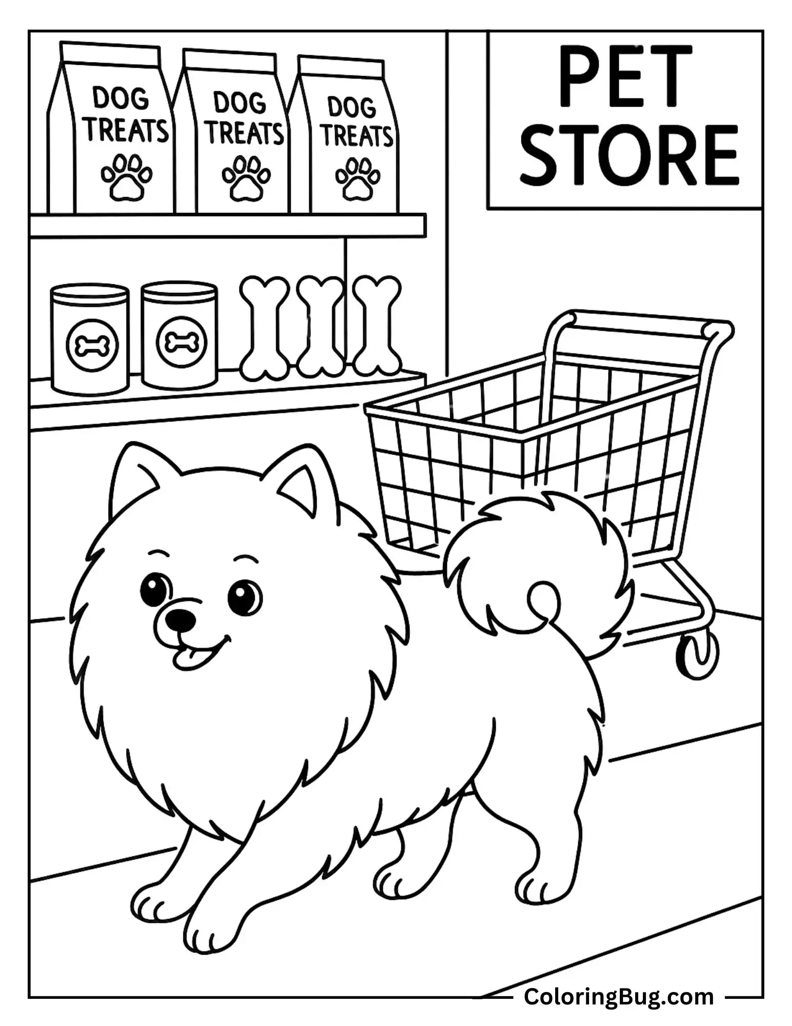 Pomeranian Shopping for Dog Treats at a Pet Store Coloring sheet