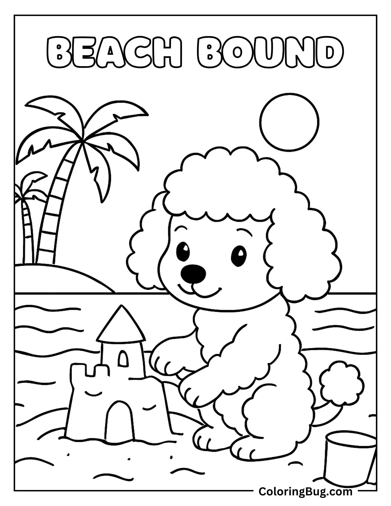 Poodle Making Sand Castle on Beach Coloring Sheet