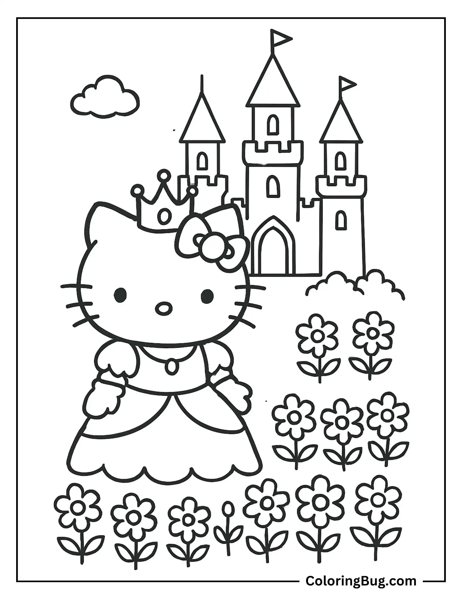 Princess Hello Kitty With Castle Coloring Sheet