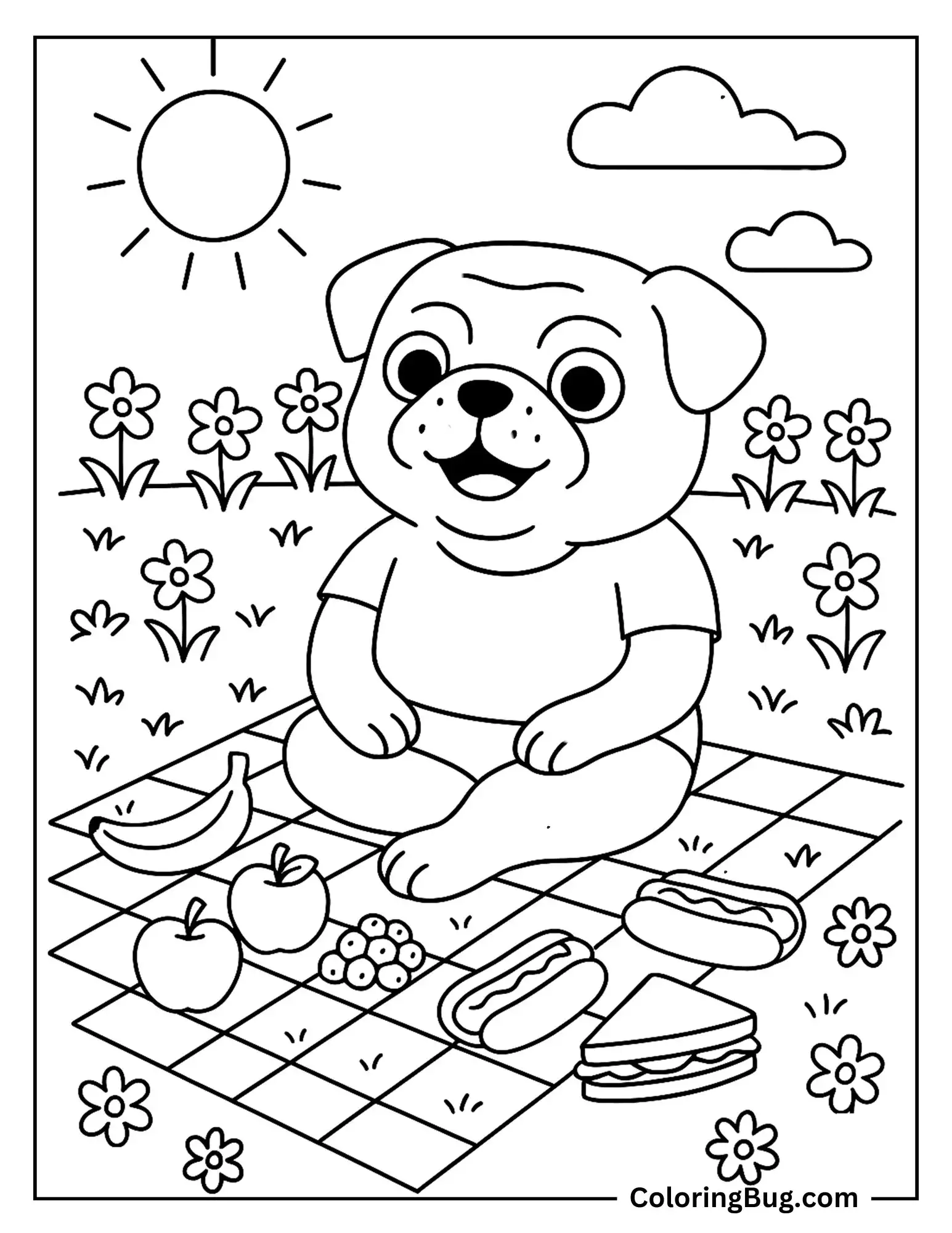 Pug Having Picnic in Meadow Coloring Sheet