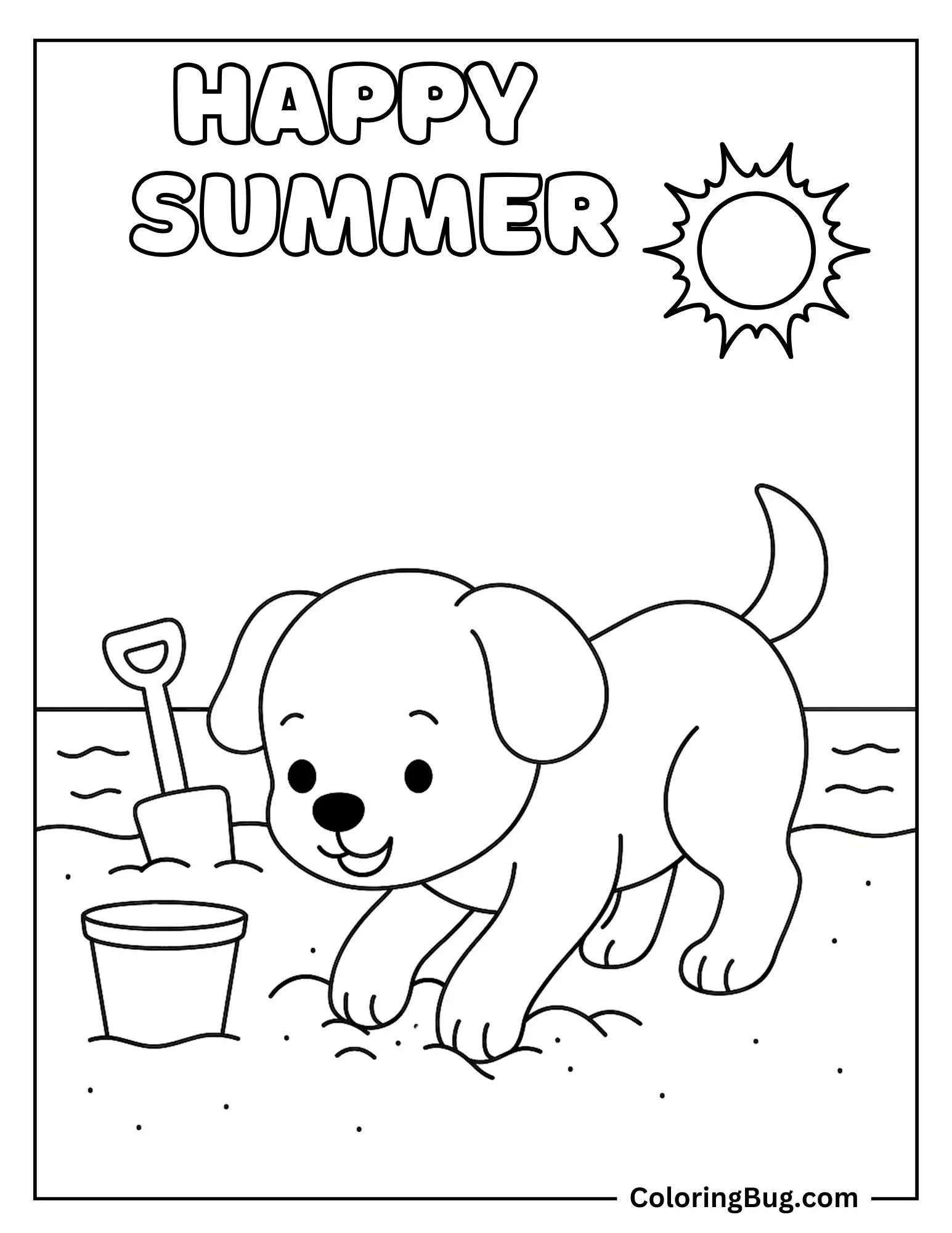 Puppy Digging in the Sand at the Beach Coloring Sheet