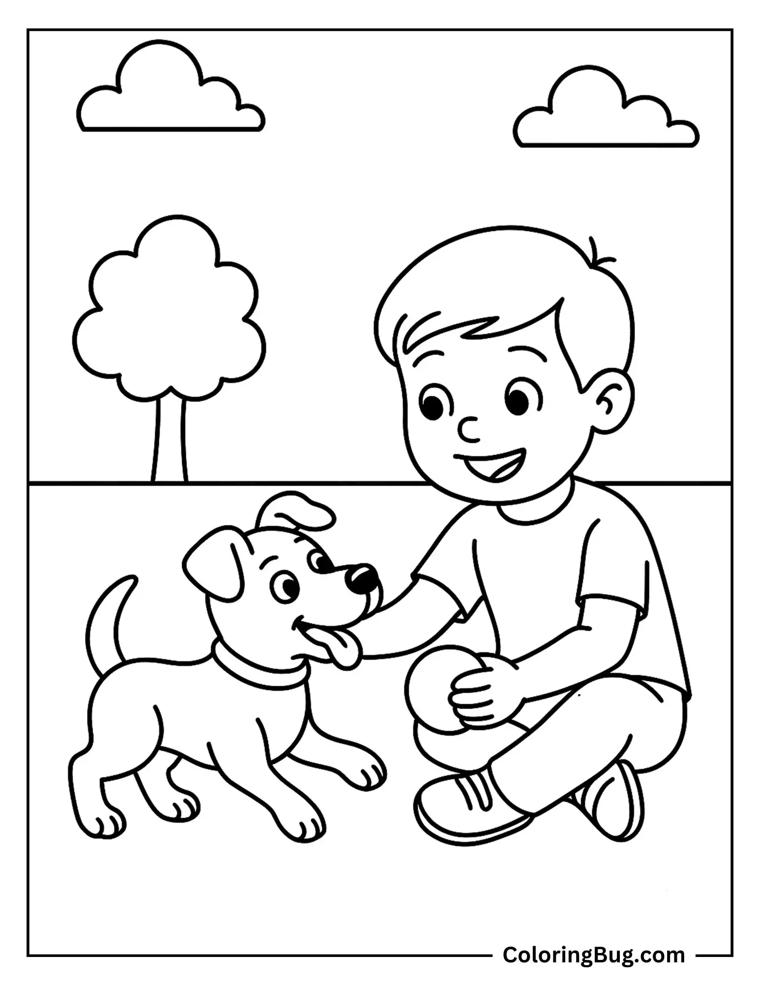 Puppy Playing With a Boy Coloring sheet