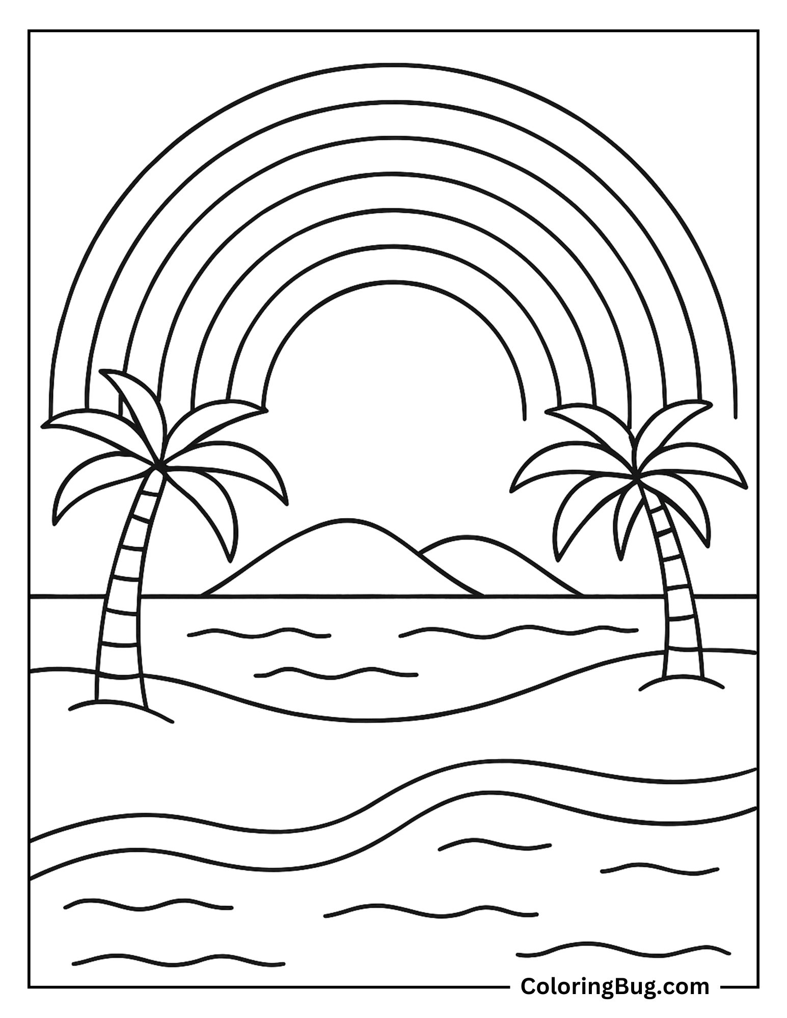 Rainbow Over Beach Coloring Sheet
