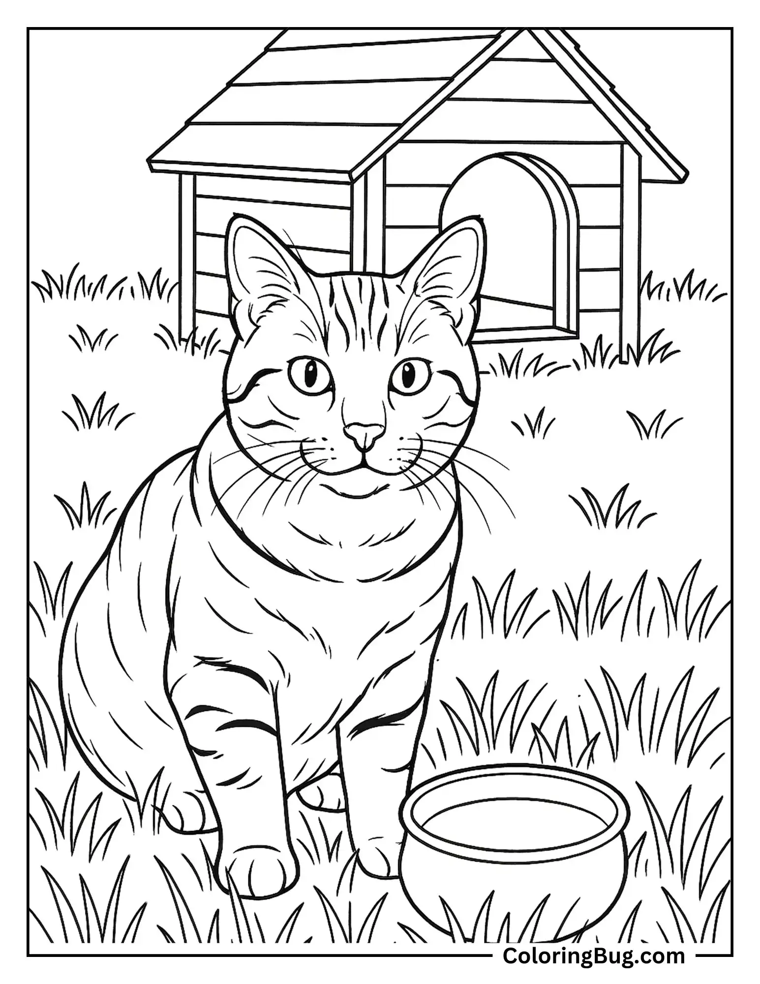 Realistic Cat Sitting on Grass With Pot Milk Coloring Sheet