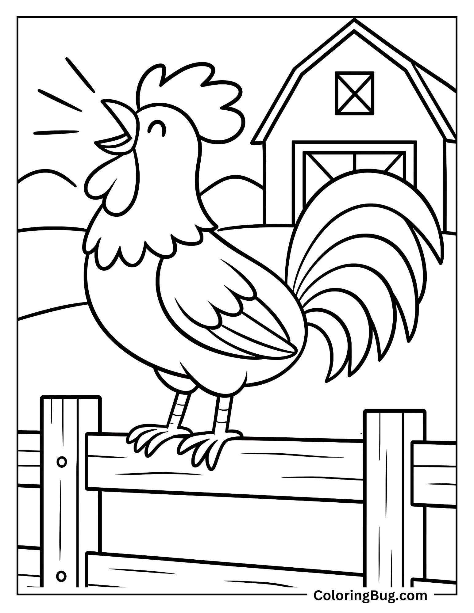 Rooster Crowing on a Fence Coloring sheet