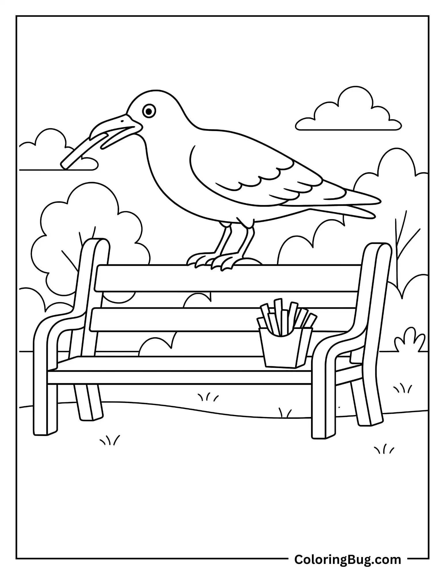 Seagull Stealing Fries From a Bench Coloring sheet