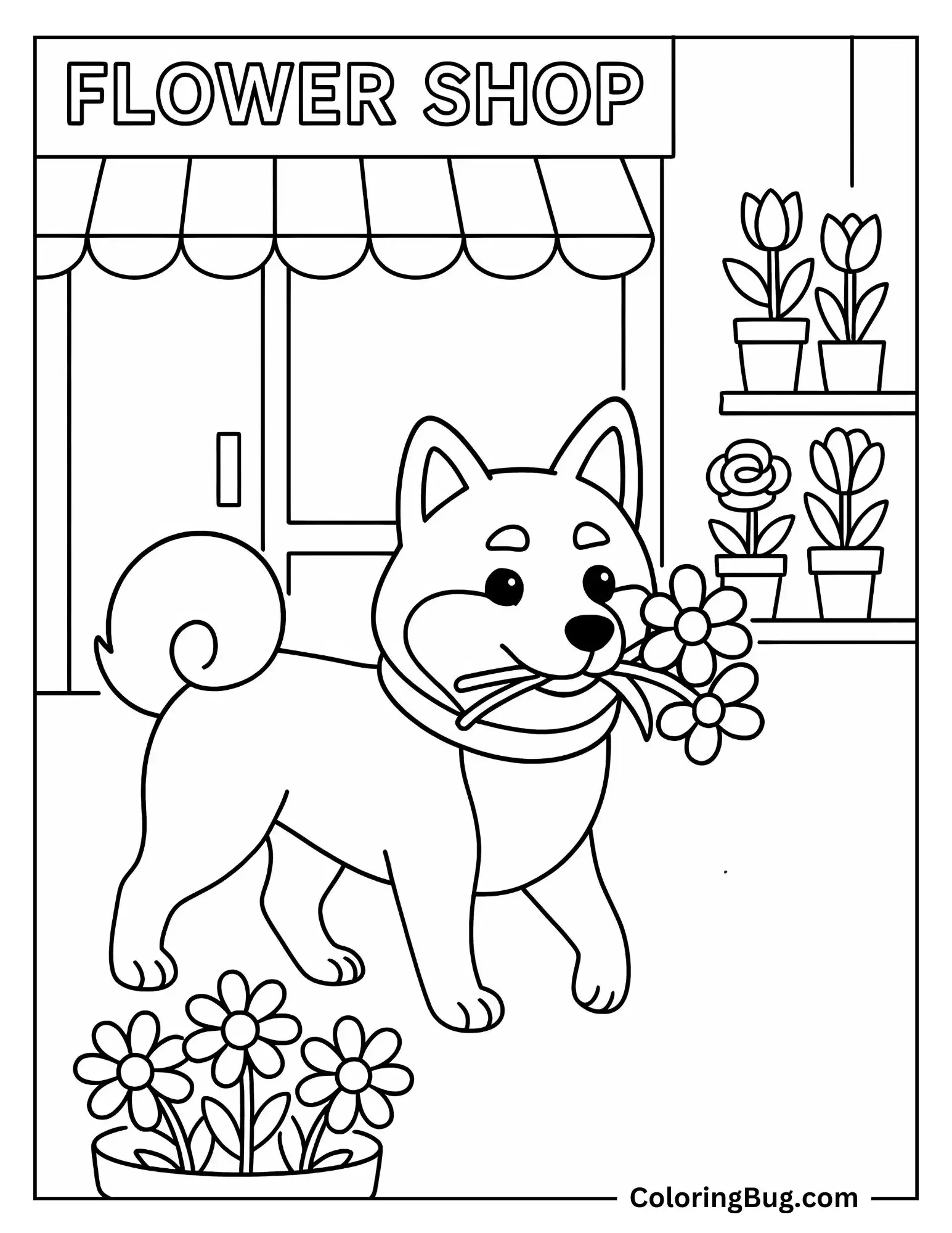 Shiba Inu Visiting a Flower Shop Coloring sheet
