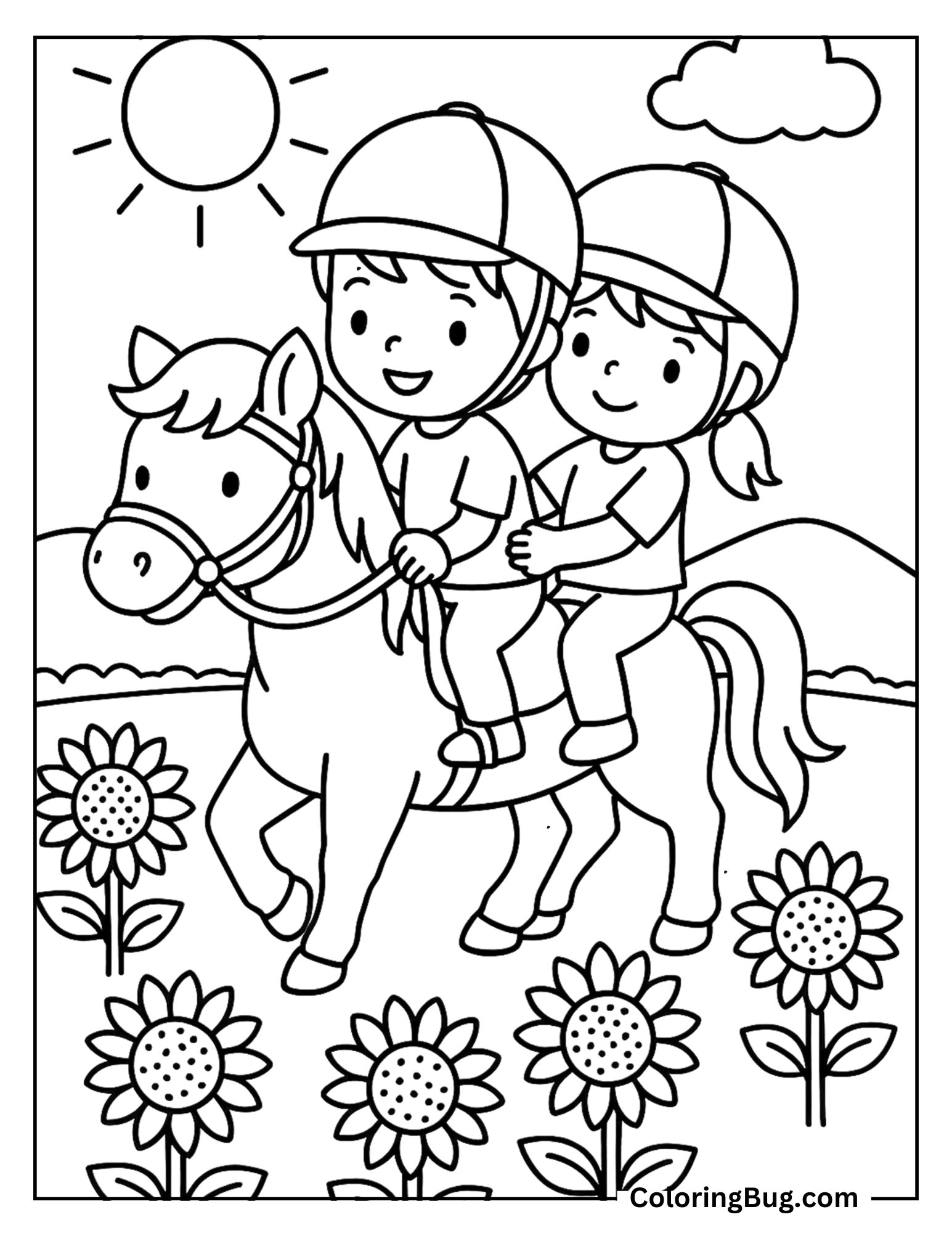 Siblings Ridding a Horse Through Sunflowers Field Coloring Sheet