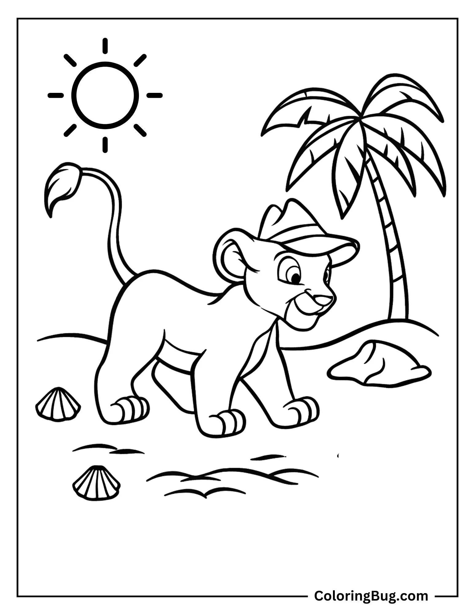 Simba Walking Through Beach Side During Summer Coloring Sheet