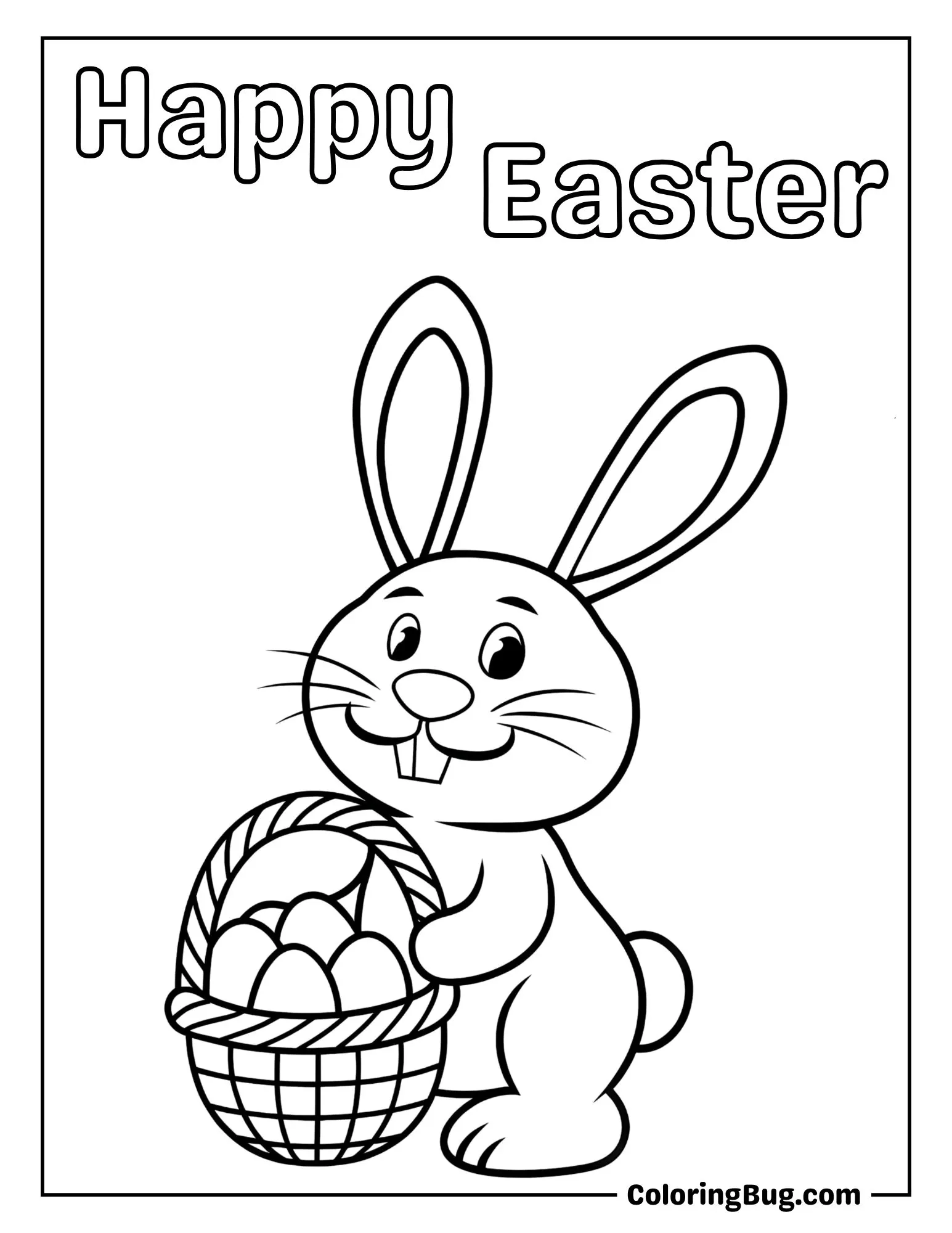 Smiling Easter Bunny Holding a Basket Of Eggs Coloring Sheet