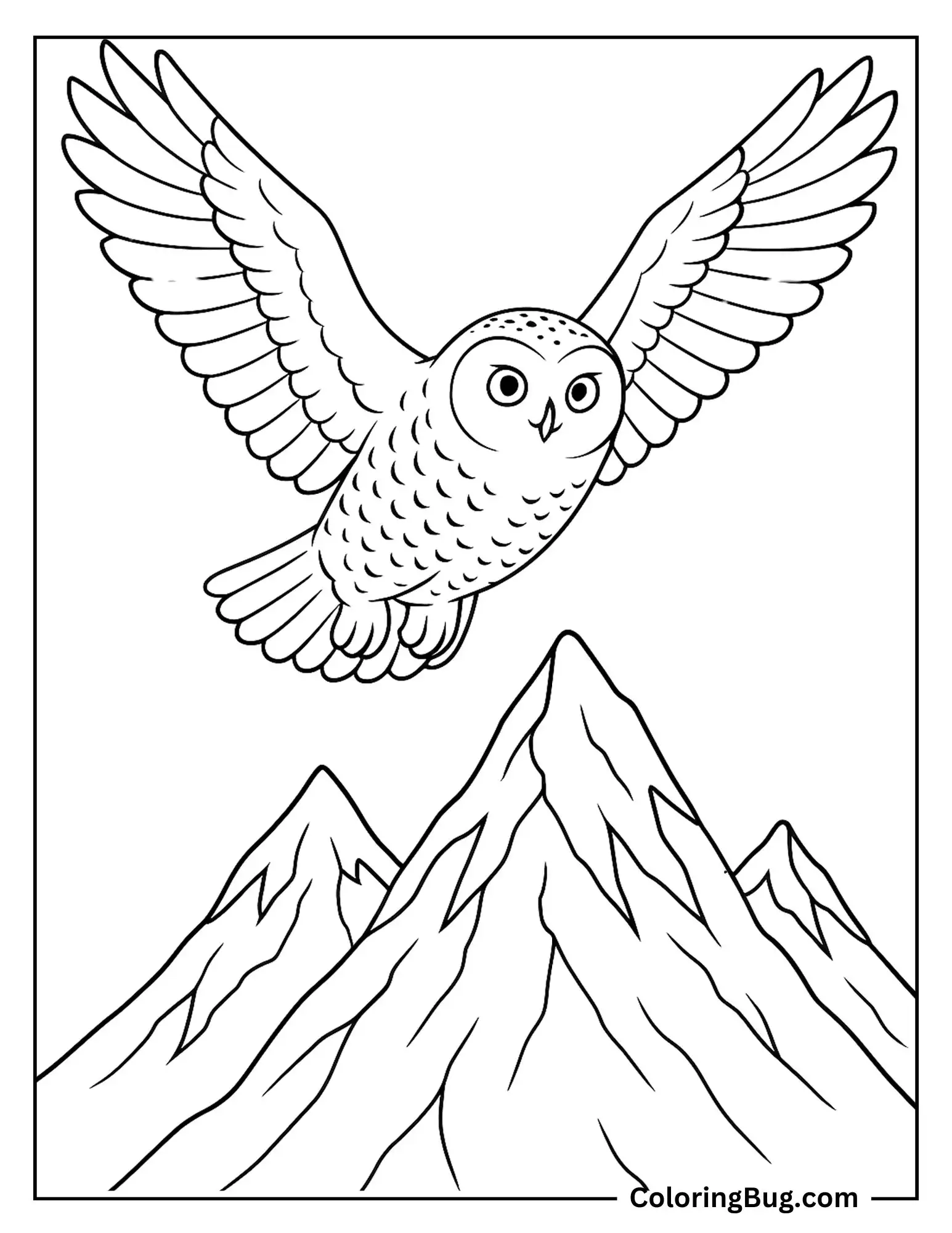 Snowy Owl Flying Over Mountain Snow Coloring sheet