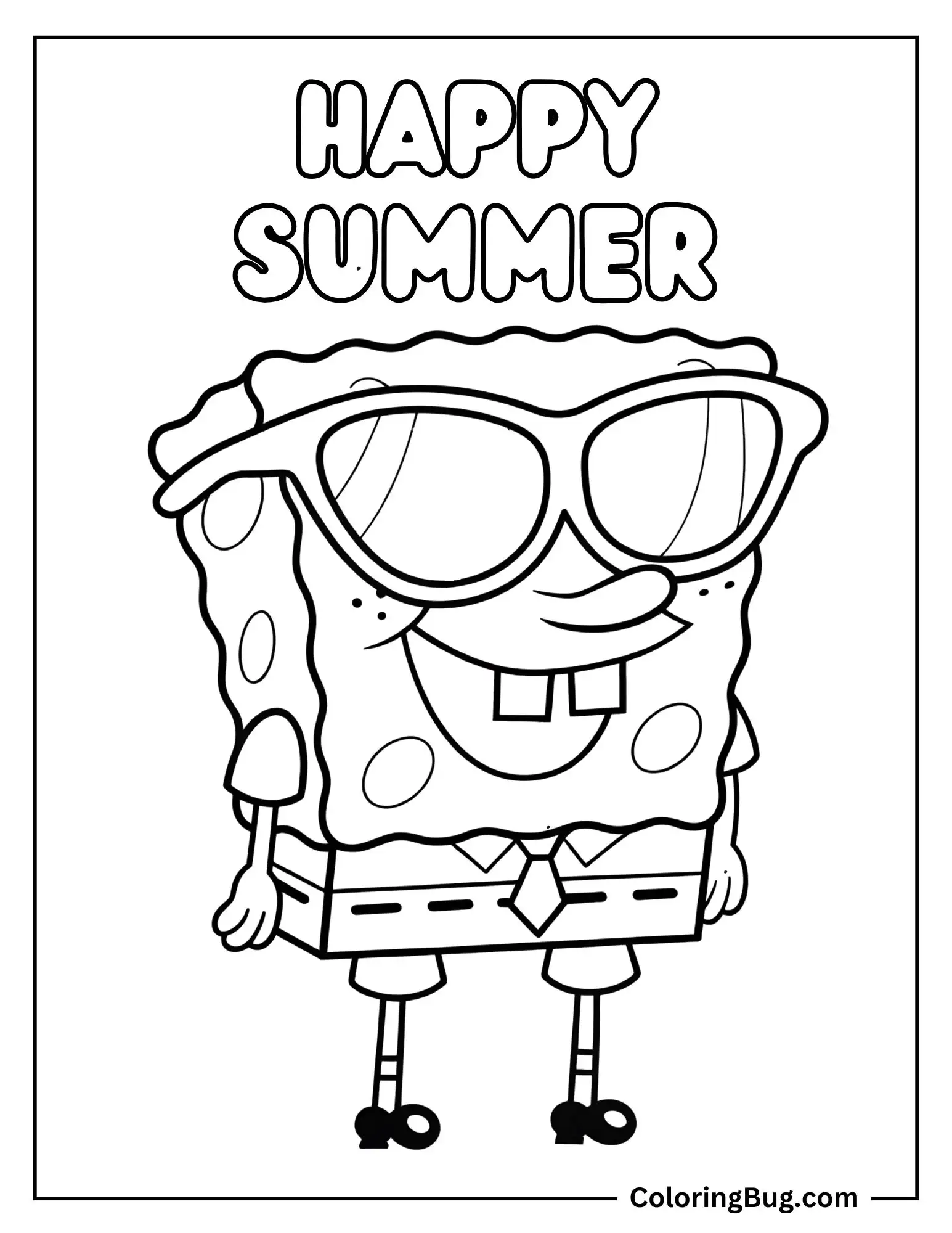 SpongeBob Wearing Sunglasses With Text Happy Summer Coloring Sheet