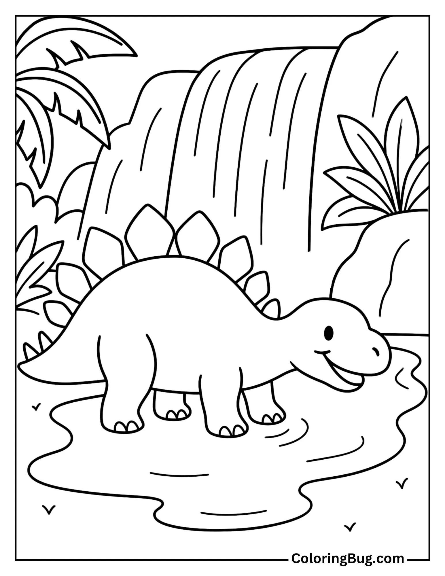 Stegosaurus Cooling Off Near a Jungle Waterfall Coloring Sheet