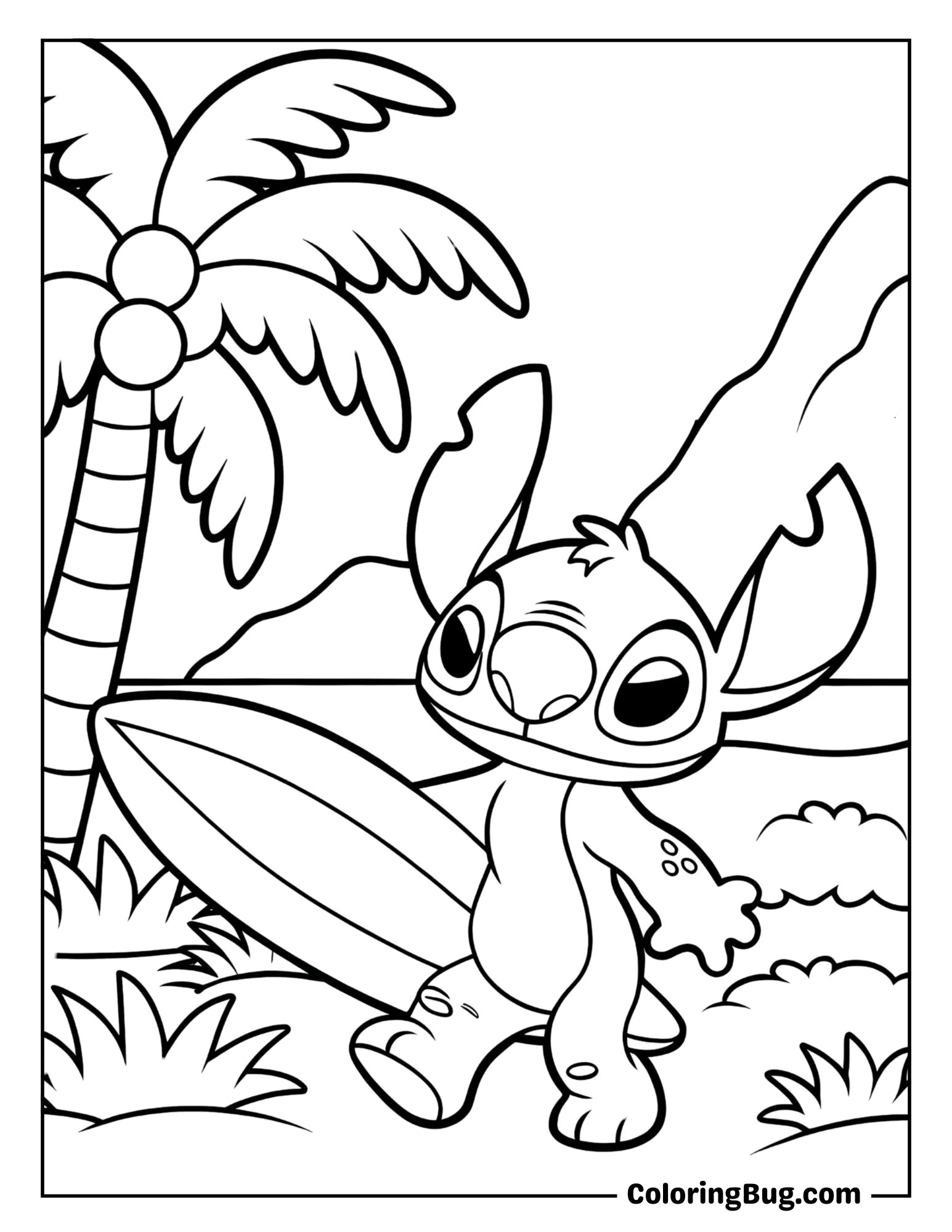 Stitch Running on the Beach with a Surfboard Coloring Sheet
