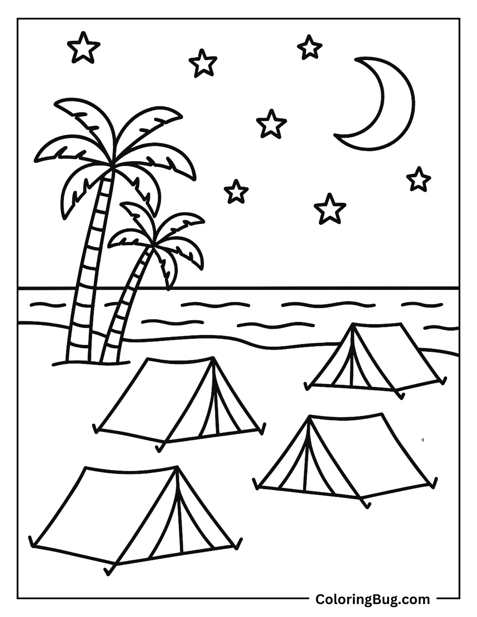 Summer Camping on Beach Side Coloring Sheet