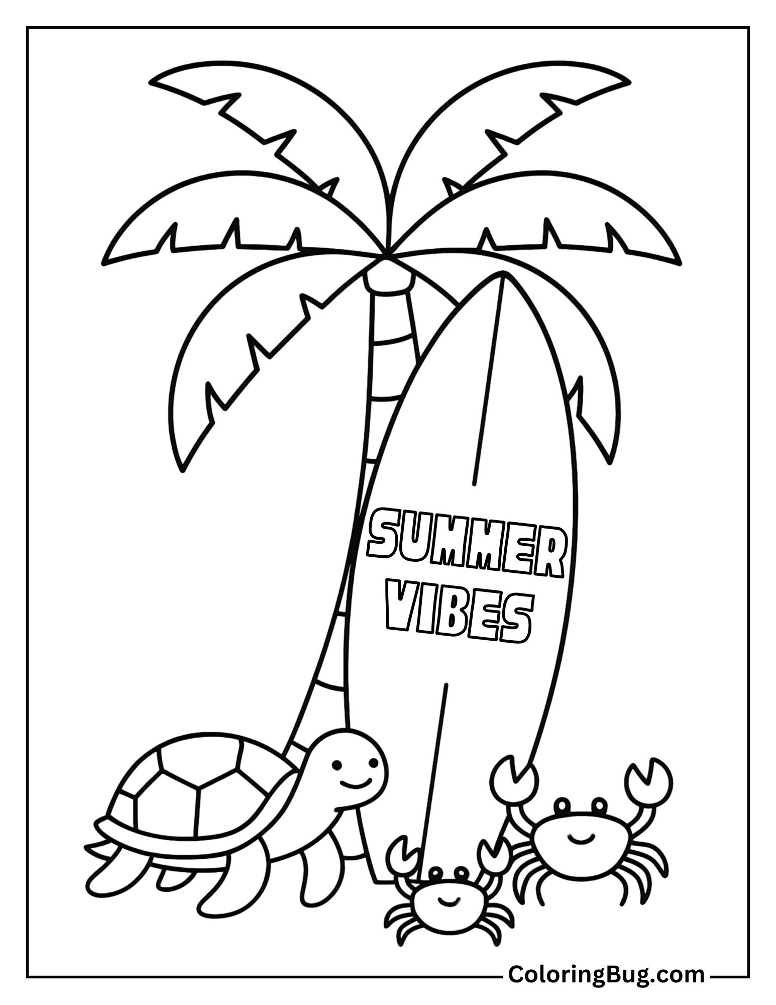 Surfboard Leaning Against a Palm Tree Coloring Sheet