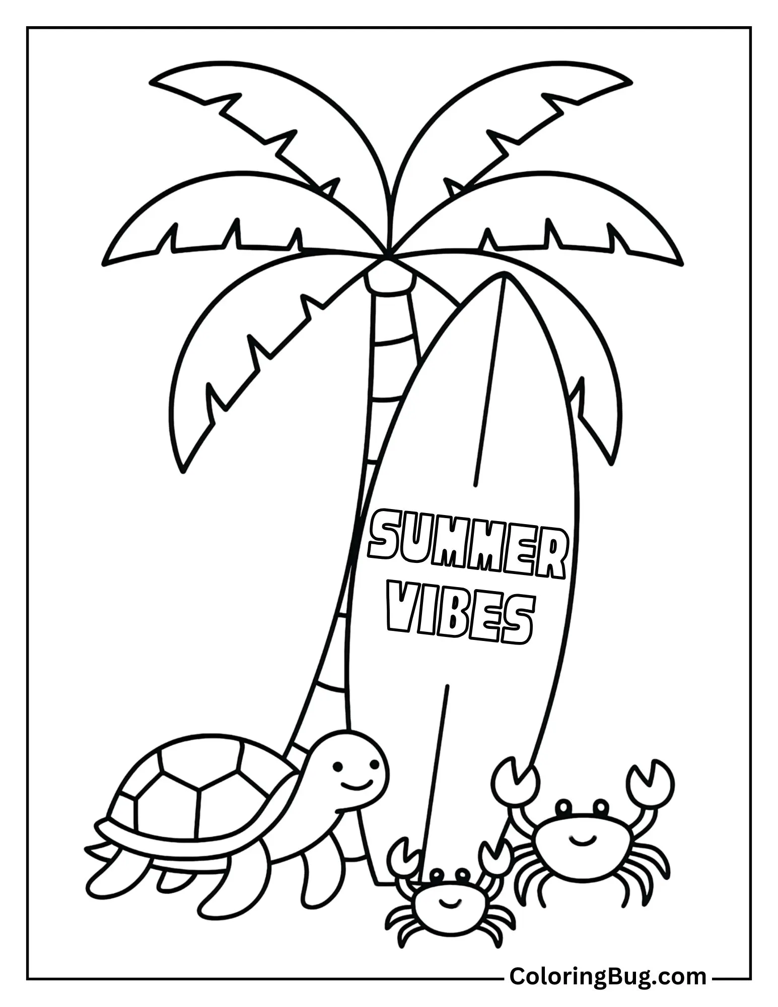 Surfboard Leaning Against a Palm Tree Coloring Sheet