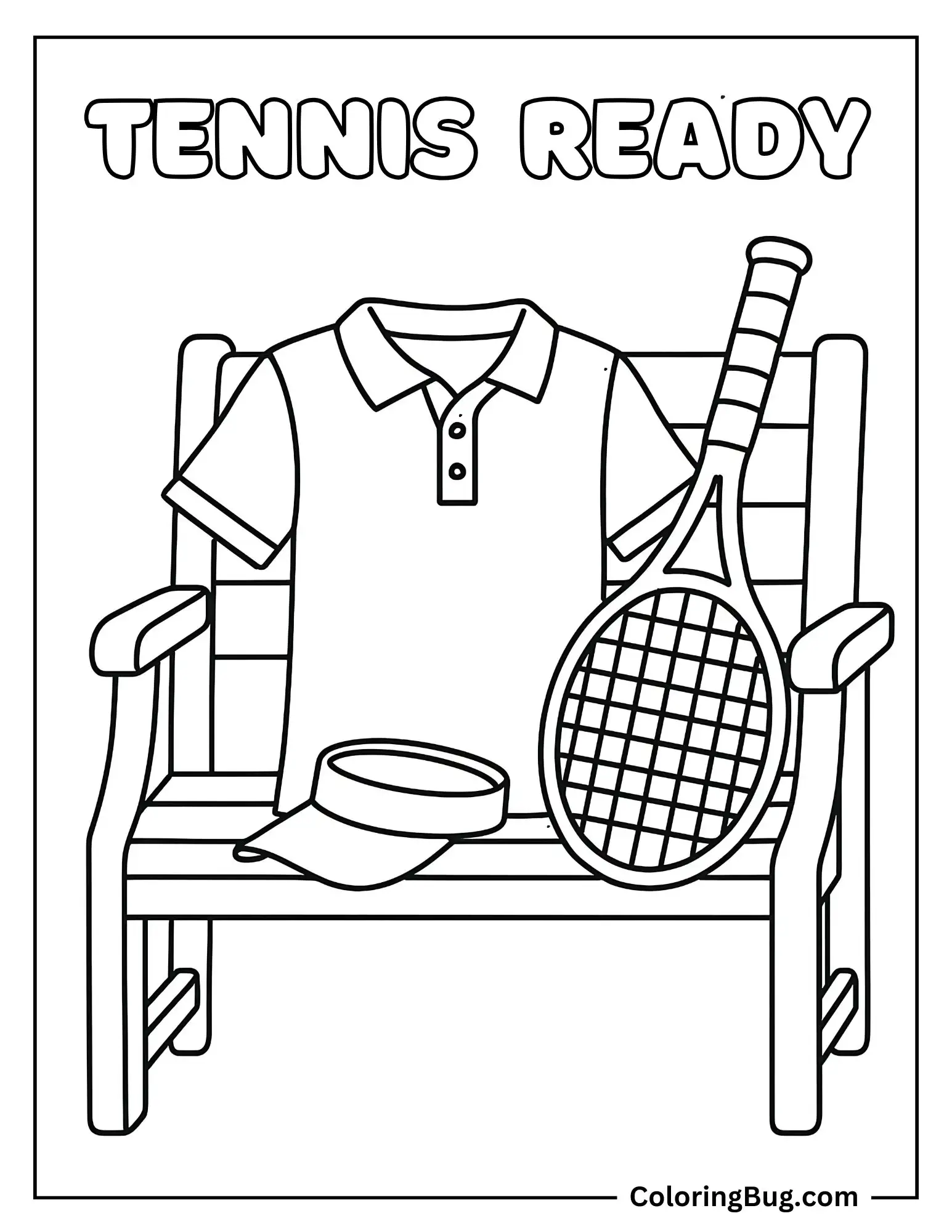 Tennis Racket, Polo Shirt, and Visor on a Bench Coloring Sheet