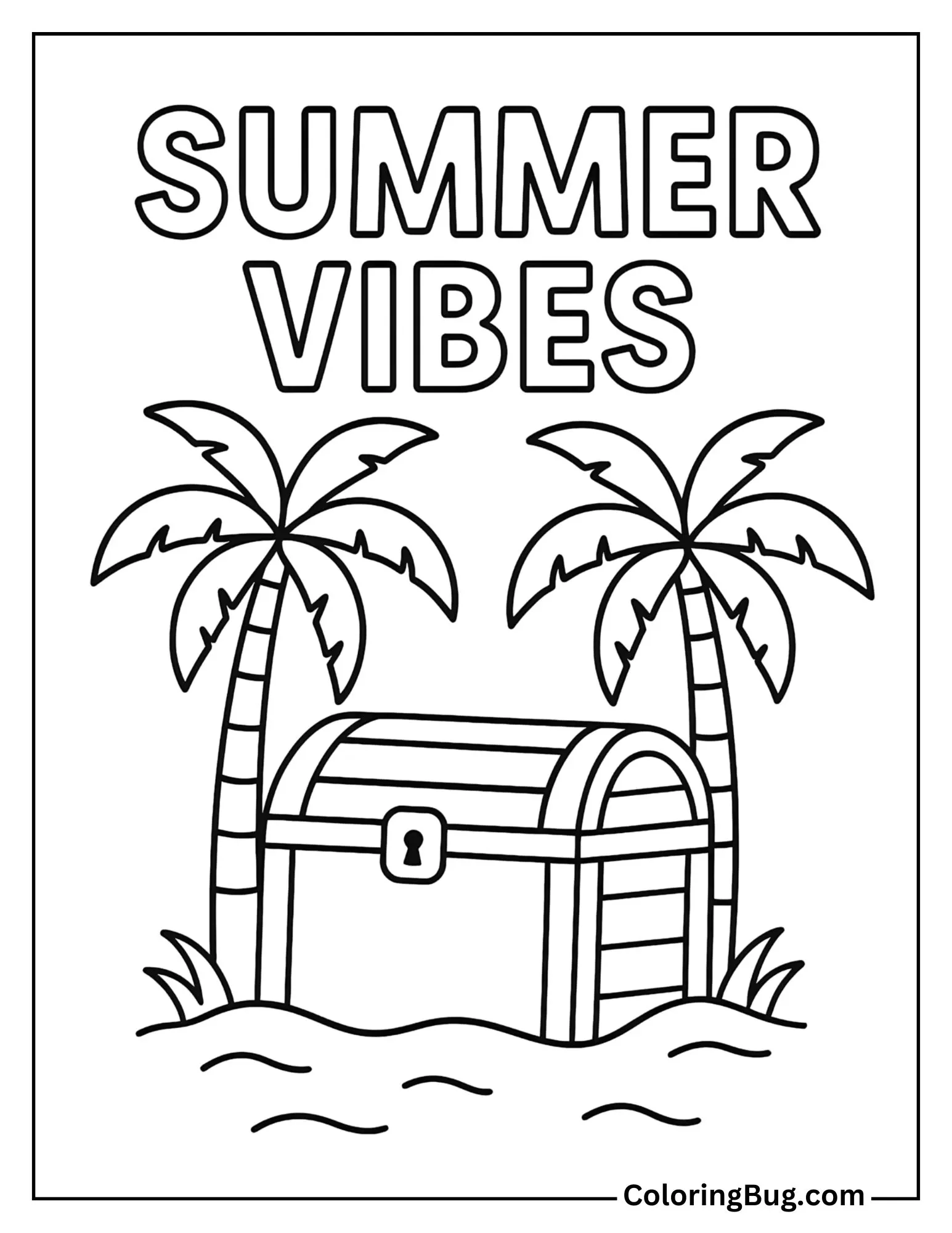 Treasure Chest Buried Partly in the Sand Coloring Sheet