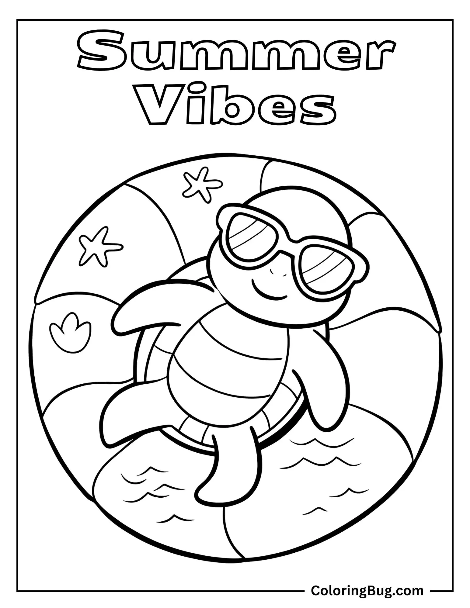 Turtle Wearing Sunglasses on Float Coloring Sheet