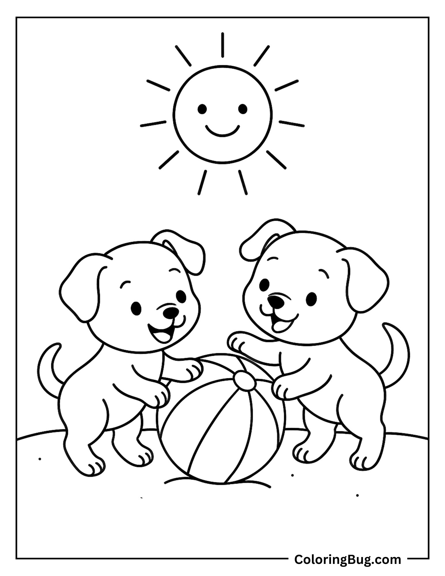 Two Cute Puppies Playing With Beach Ball Coloring Sheet