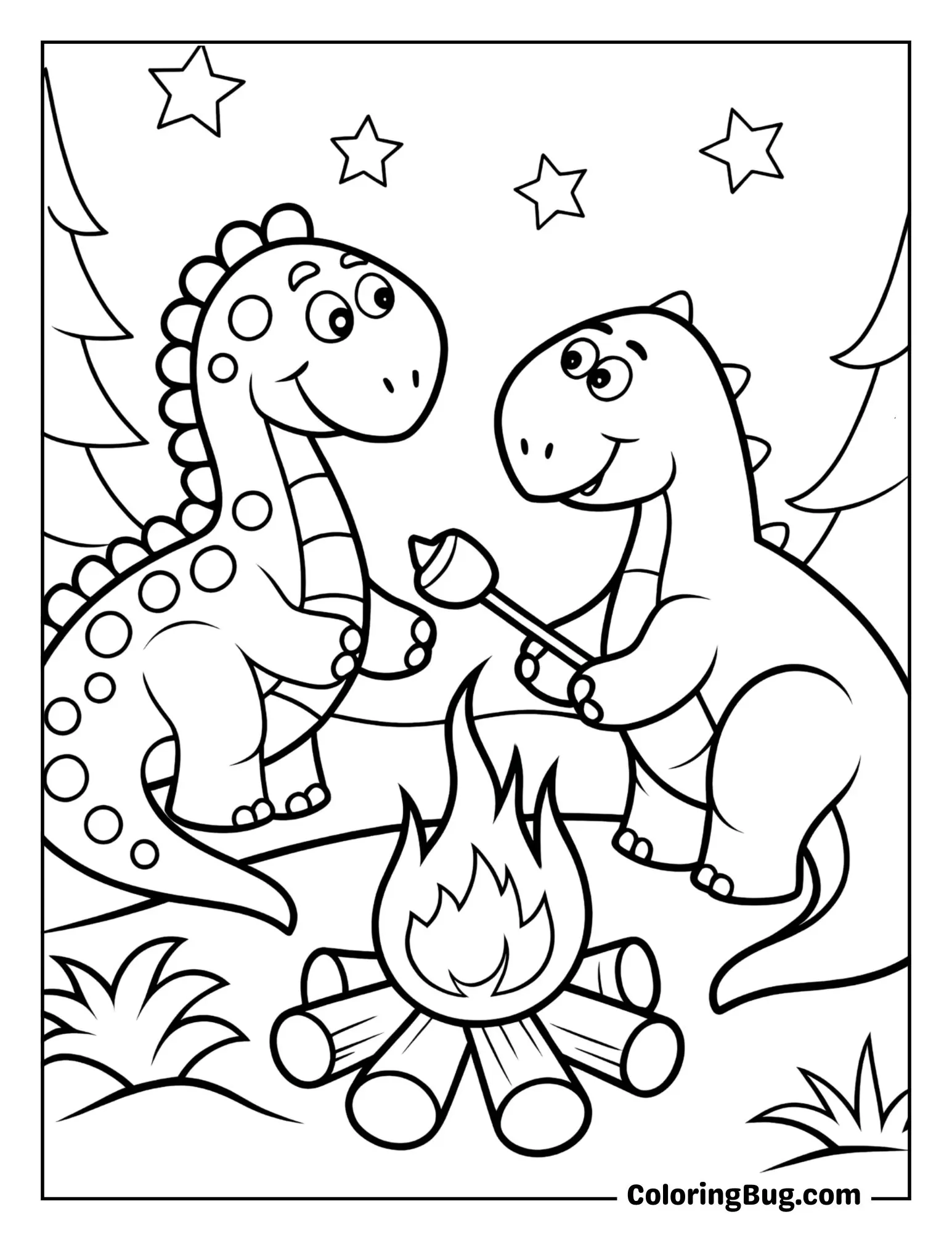Two Dinosaurs Sitting Around a Campfire Roasting Marshmallows Coloring Sheet