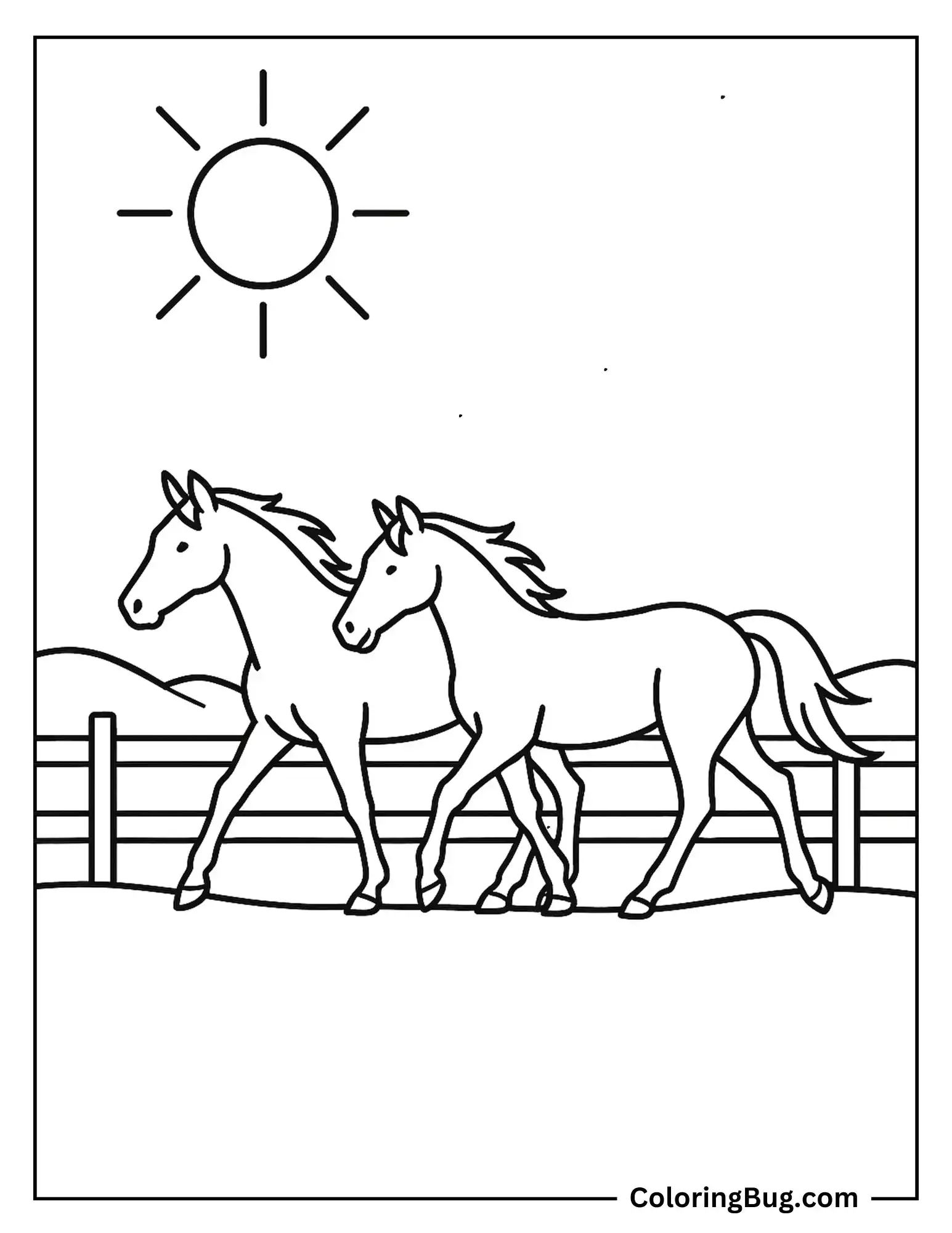 Two Horses Trotting Together During Summer Coloring Sheet