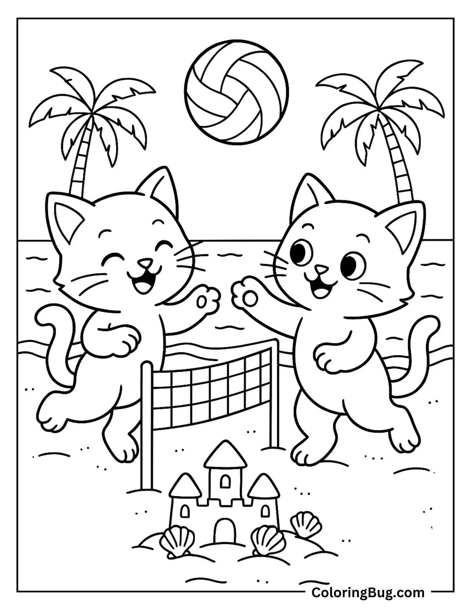 Two Kittens Playing on Beach Coloring Sheet