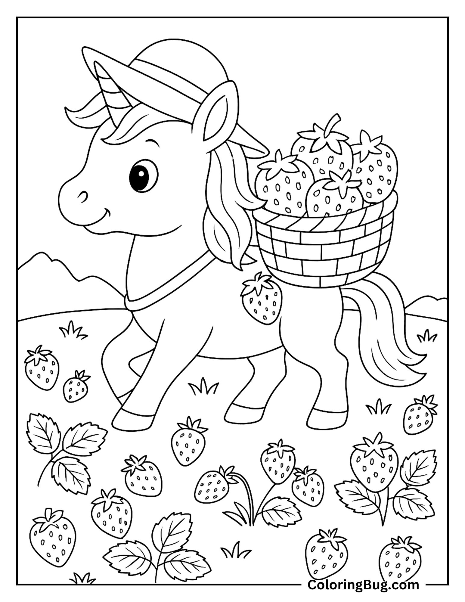 Unicorn Carrying Strawberries Basket Coloring sheet