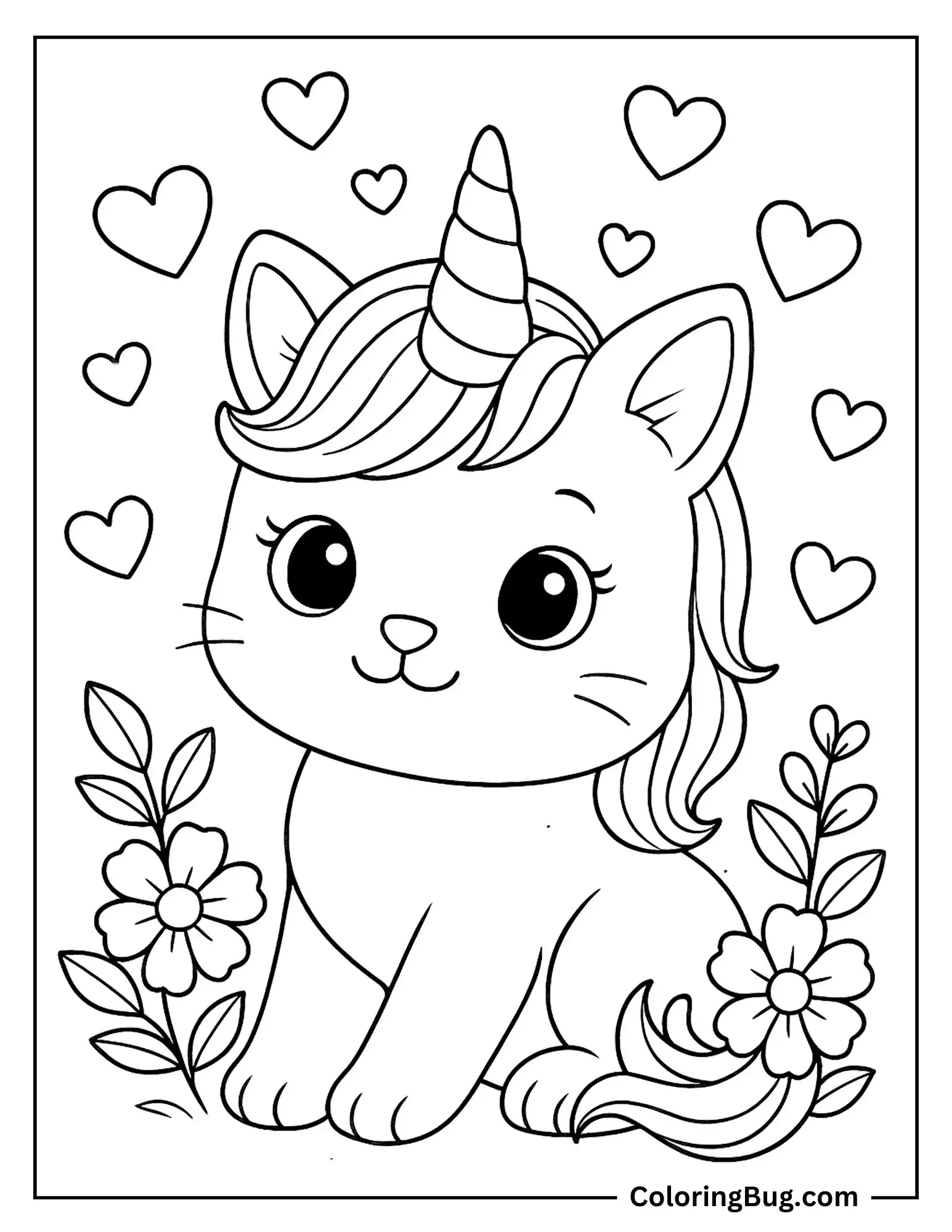 Unicorn Cat Flowers And Hearts Coloring Sheet