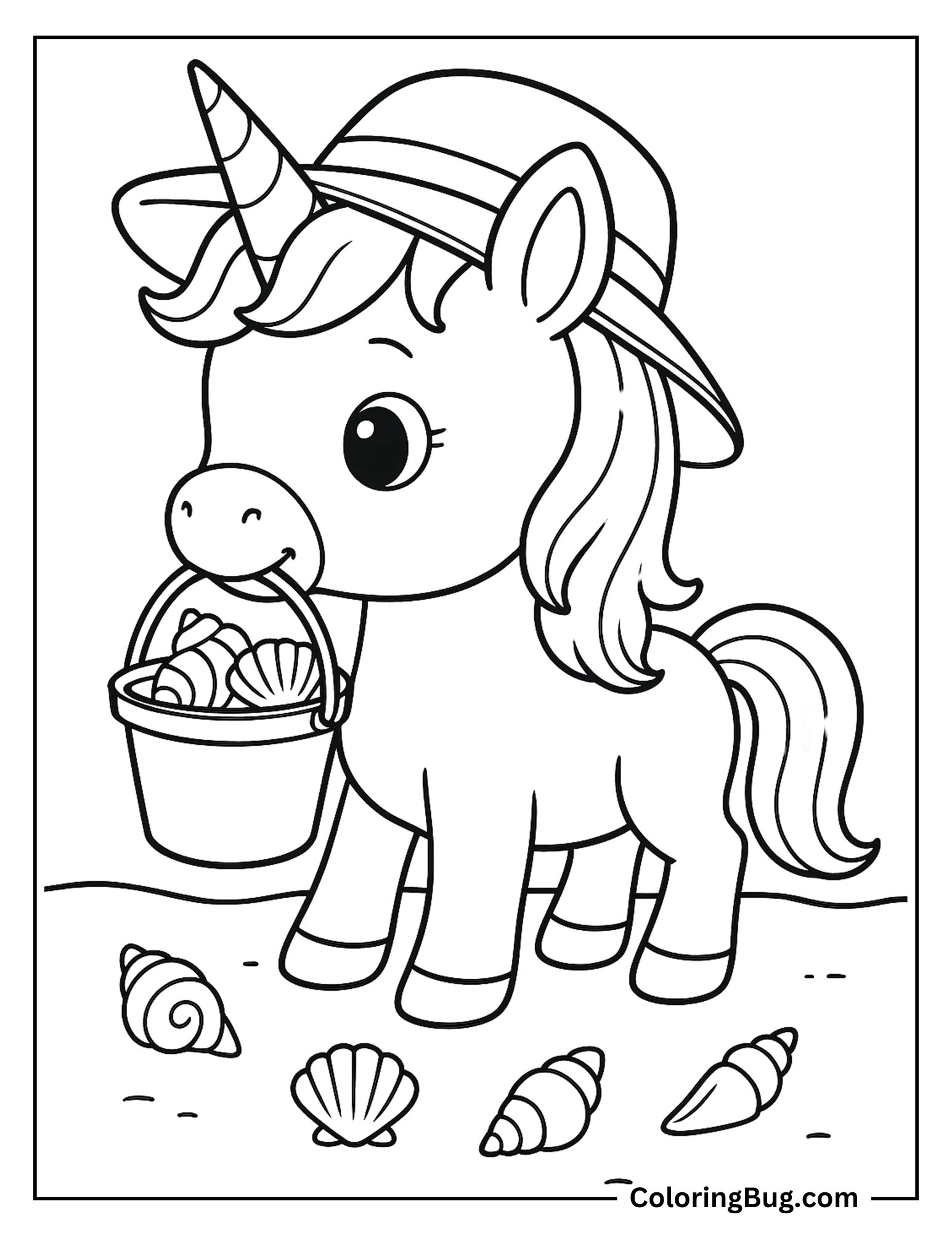 Unicorn Collecting Seashells  Coloring sheet
